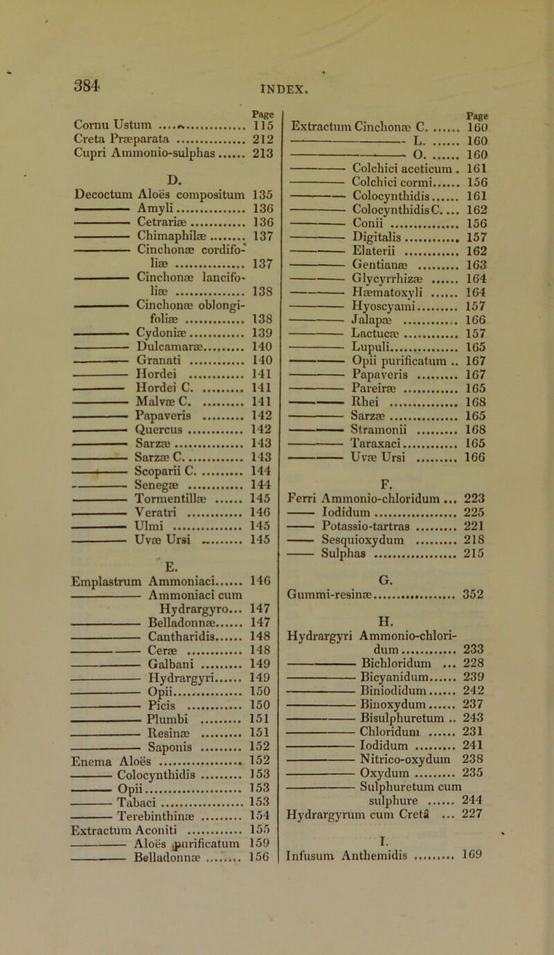 Comu Ustum ....*. Creta Praeparata Cupri Ammonio-sulphas D. Decoctum Aloes compositum ■ Amyli Cetrariae Chimaphilac Cinchonas cordifo- liae Cinchonas lancifo- liae Cinchonee oblongi- foliae Cydoniac Dulcamaras Granati Hordei ■ Hordei C MalvaeC — Papaveris Quercus Sarza* Sarza! C ■ Scoparii C Senegas Tormentillae Vcratri Ulmi Uvas Ursi E. Emplastrum Ammoniaci Ammoniaci cum Hydrargyro... Belladonnas Cantharidis Ceras Galbani Hydrargyri Opii Picis Plumbi Resinas Saponis Enema Aloes Colocvnthidis Opii Tabaci Terebinthinae Extractum Aconiti Aloes ipurificatum Belladonnas ........ Page Extractum Cinchona} C. ICO L 160 0 160 Colchici aceticum . 161 Colchici cormi 156 Colocynthidis 161 ColocynthidisC.... 162 Conii 156 Digitalis 157 Elaterii 162 Gentianas 163 Glycyrrhizae 164 Hcematoxyli ...... 164 Hyoscyami 157 Jalapa} 166 Lactuca 157 Lupuli 165 Opii purificatum .. 167 Papaveris 167 Pareira 165 Rhei 168 Sarzas 165 —— Stramonii 168 Taraxaci 165 Uvae Ursi 166 F. Ferri Ammonio-chloridum... 223 lodidum 225 Potassio-tartras 221 Sesquioxydum 218 Sulphas 215 G. Gummi-resinae 352 H. Hydrargyri Ammonio-chlori- dum 233 Bichloridum ... 228 Bicyanidum 239 Biniodidum 242 Binoxydum 237 Bisulphuretum .. 243 Chloridum 231 lodidum 241 Nitrico-oxydum 238 Oxydum 235 Sulphuretum cum sulphure 244 Hydrargyrum cum Creta ... 227 I. Infusum Anthemidis 169 Page 115 212 213 135 136 136 137 137 138 138 139 140 140 141 141 141 142 142 143 143 144 144 145 146 145 145 146 147 147 148 148 149 149 150 150 151 151 152 152 153 153 153 154 155 159 156