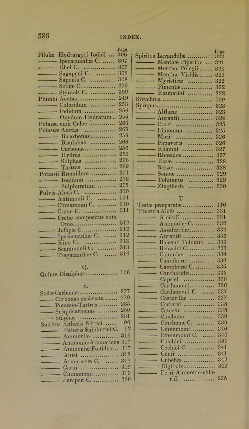 ScSG Page Pilulae Hydrargyvi Iodidi ... 306 Ipecacuanha C 307 Rhei C 307 ■ Sagapeni C 308 Saponis C 308 Scillae C 309 ■ — Styi-acis C 309 Plumbi Acetas 249 Chloridum 253 . Iodidum 254 Oxydum Hydratum.. 255 Potassa cum Calce 264 Potassa Acetas 265 Bicavbonas 259 Bisulphas 268 Cavbonas 256 Hydras 263 Sulphas 266 Tartras 269 Potassii Bromidum 271 Iodidum 273 Sulphuretum 275 Pul vis Aloes C 310 Antimonii C 194 ■ Cinnamomi C 310 Creta C 311 Creta compositus cum Opio 312 Jalapa C 312 Ipecacuanha C 312 - Kino 513 . Scammonii C 313 Tragacantha C 314 Q. Quina Disulphas. S. Soda Cavbonas 277 . Carbonas exsiccata 279 . Potassio-Tartras 283 Sesquicarbonas 280 Sulphas 281 Spiritus iEtheris Nitrici 90 iEtheris Sulphuvici C. 92 Ammonia 316 AmmoniaAromaticus 317 Ammonia Fatidus... 317 Anisi 318 _ Armoraeia C 31S Carui 319 Cinnamomi 319 .— JuniperiC 320 Spiritus Lavandula 320 Mentha Piperita ... 321 Mentha Pulegii 321 Mentha Viridis 321 Myristica 322 Pimenta 322 Rosmarini 322 Strychnia 109 Syrupus 323 Althaa 323 Aurantii 324 Croei 325 Limonum 325 Mori 326 Papaveris 326 Rhamni 327 Rlioeados 327 Rosa 328 Sarza 328 Senna 329 Tolutanus 329 Zingiberis 330 T. Testa praparata 116 TincturaAloes 331 Aloes C 331 Ammonia C 332 Assalcetida 332 Aurantii 333 Balsami Tolutani ... 333 Benzoini C S33 Calumba 334 Camphora 334 Camphora C 335 Cantharidis 335 Capsici 336 Cardamomi 336 Cardamomi C 337 Cascarilla 337 Castorei 338 Catechu 338 Cinchona 339 Cinchona C 339 Cinnamomi 340 Cinnamomi C 340 Colchici 341 • Cochici C 341 Conii 341 Cubeba 342 Digitalis 342 Ferri Ammonio-chlo- ridi 225