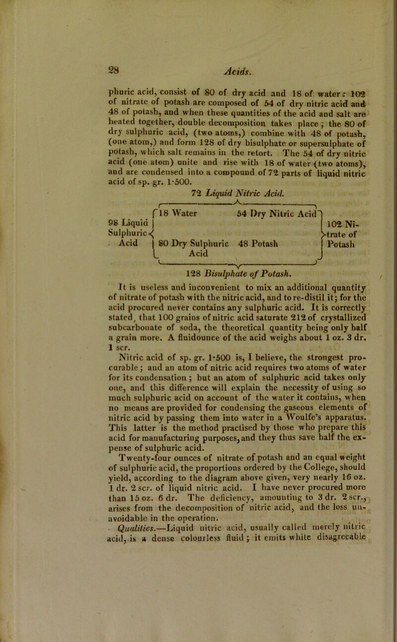 phuric acid, consist of 80 of dry acid and 18 of water .' 102 of nitrate of potash are composed of 64 of dry nitric acid and 48 of potash, and when these quantities of the acid and salt are heated together, double deconapositiou takes place ; the 80 of dry sulphuric acid, (two atoms,) combine with 48 of potash, (one atom,) and form 128 of dry bisulphate or supersulphate of potash, which salt remains in the retort. The 34 of dry nitric acid (one atom) unite and rise with 18 of water (two atoms), and are condensed into a compound of 72 parts of liquid nitric acid of sp. gr. 1*300. 72 Liquid Nitric Acid. f 18 Water 98 Liquid j Sulphuric-^ . Acid I 80 Dry Sulphuric L Acid 34 Dry Nitric Acid 48 Potash ■V 128 Bisulphate of Potash, 102 Ni- trate of Potash It is useless and inconvenient to mix an additional quantity of nitrate of potash with the nitric acid, and tore-distil it; for the acid procured never contains any sulphuric acid. It is correctly stated, that 100 grains of nitric acid saturate 212 of crystallized subcarbonate of soda, the theoretical quantity being only half a grain more. A fluidounce of the acid weighs about 1 oz. 3 dr. 1 scr. Nitric acid of sp. gr. 1-500 is, I believe, the strongest pro- curable ; and an atom of nitric acid requires two atoms of water for its condensation ; but an atom of sulphuric acid takes only one, and this difference will explain the necessity of using so much sulphuric acid on account of the water it contains, when no means are provided for condensing the gaseous elements of nitric acid by passing them into water in a Woulfe’s apparatus. This latter is the method practised by those who prepare this acid for manufacturing purposes, and they thus save half the ex- pense of sulphuric acid. Twenty-four ounces of nitrate of potash and an equal weight of sulphuric acid, the proportions ordered by the College, should yield, according to the diagram above given, very nearly 16 oz. 1 dr. 2 scr. of liquid nitric acid. I have never procured more than 16oz. 6 dr. The deficiency, amounting to 3 dr. 2 scr., arises from the decomposition of nitric acid, and the loss un- avoidable in the operation. Qualities.—Liquid nitric acid, usually called merely nitric acid, is a dense colourless fluid ; it emits white disagreeable