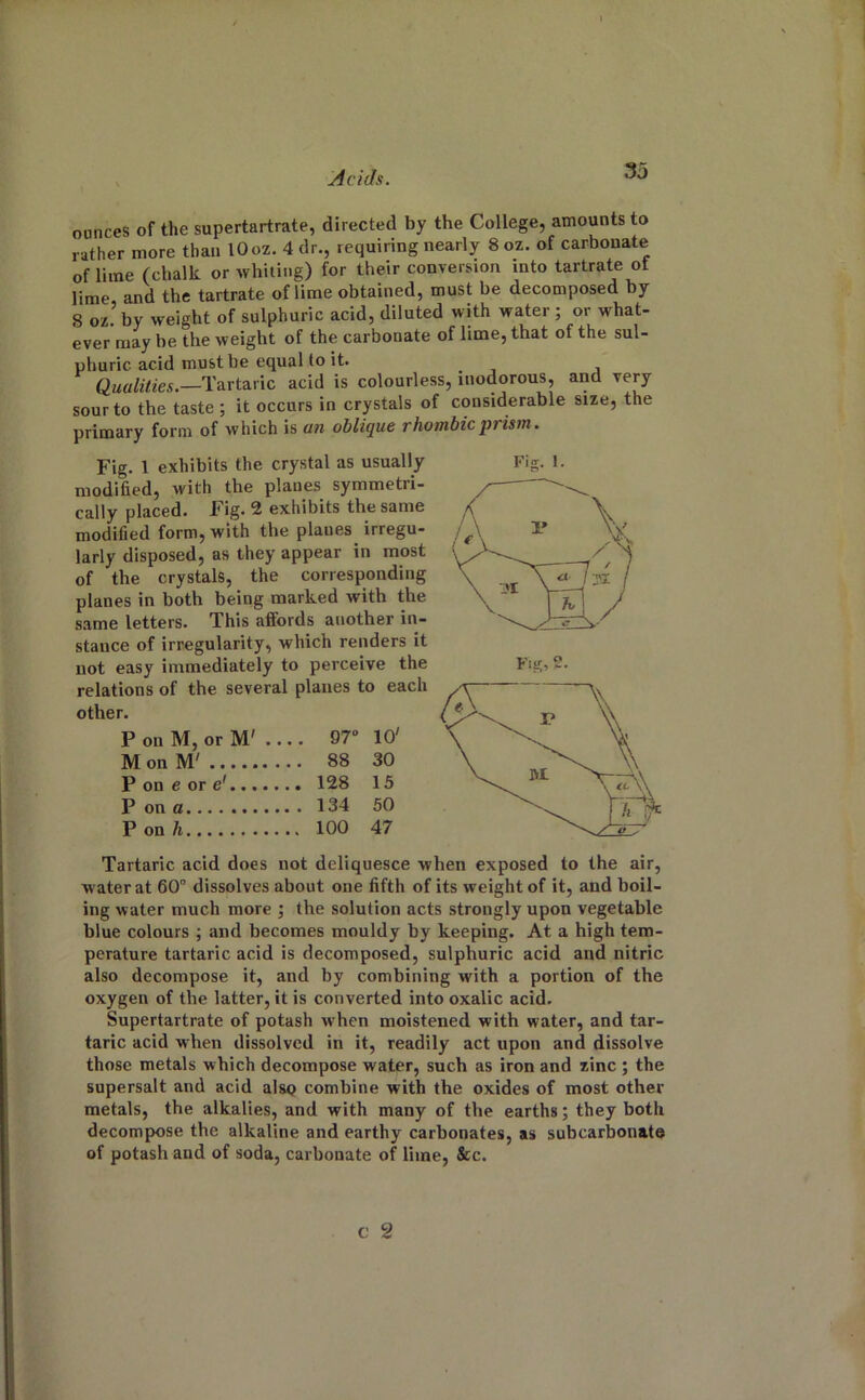 3j ounces of the supertartrate, directed by the College, amounts to rather more than 10 oz. 4 dr., requiring nearly 8 oz. of carbonate of lime (chalk or whiting) for their conversion into tartrate ot lime and the tartrate of lime obtained, must be decomposed by 8 oz.’by weight of sulphuric acid, diluted with water ; or what- ever may be the weight of the carbonate of lime, that of the sul- phuric acid must be equal to it. ^ Tartaric acid is colourless, inodorous, and very sour to the taste ; it occurs in crystals of considerable size, the primary form of which is an oblique rhombic prism. Fig. 1 exhibits the crystal as usually modified, with the planes symmetri- cally placed. Fig. 2 exhibits the same modified form, with the planes irregu- larly disposed, as they appear in most of the crystals, the corresponding planes in both being marked with the same letters. This affords another in- stance of irregularity, which renders it not easy immediately to perceive the relations of the several planes to each other. P on M, or M' .... 97“ 10' M on M' 88 30 P on e or e'....... 128 15 P on a 134 50 Pon/j 100 47 Tartaric acid does not deliquesce when exposed to the air, water at 60 dissolves about one fifth of its weight of it, and boil- ing water much more ; the solution acts strongly upon vegetable blue colours ; and becomes mouldy by keeping. At a high tem- perature tartaric acid is decomposed, sulphuric acid and nitric also decompose it, and by combining with a portion of the oxygen of the latter, it is converted into oxalic acid. Supertartrate of potash when moistened with water, and tar- taric acid when dissolved in it, readily act upon and dissolve those metals which decompose water, such as iron and zinc ; the supersalt and acid alsp combine with the oxides of most other metals, the alkalies, and with many of the earths; they both decompose the alkaline and earthy carbonates, as subcarbonate of potash and of soda, carbonate of lime, &c. Fig. 1. Fig, 2.
