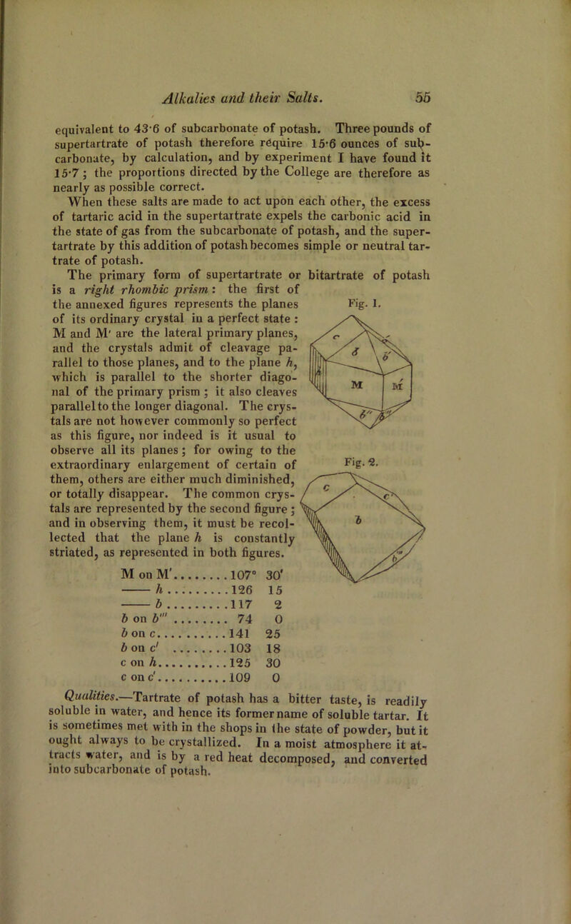 equivalent to 43-6 of subcarbonate of potash. Three pounds of supertartrate of potash therefore require 15*6 ounces of sul^- carbonate, by calculation, and by experiment I have found it 15'7 ; the proportions directed by the College are therefore as nearly as possible correct. When these salts are made to act upon each other, the excess of tartaric acid in the supertartrate expels the carbonic acid in the state of gas from the subcarbonate of potash, and the super- tartrate by this addition of potash becomes simple or neutral tar- trate of potash. The primary form of supertartrate or is a right rhombic prism: the first of of its ordinary crystal in a perfect state : M and M' are the lateral primary planes, and the crystals admit of cleavage pa- rallel to those planes, and to the plane A, which is parallel to the shorter diago- nal of the primary prism ; it also cleaves parallel to the longer diagonal. The crys- tals are not however commonly so perfect as this figure, nor indeed is it usual to observe all its planes; for owing to the extraordinary enlargement of certain of them, others are either much diminished, or totally disappear. The common crys- tals are represented by the second figure j and in observing them, it must be recol- lected that the plane h is constantly striated, as represented in both figures. M on M’.... 30' h 126 15 b 117 2 b on b‘ .... .... 74 0 b one 141 25 6 on c' .... 103 18 c on A 30 c on c' 0 Qualities.—Tartrate of potash has a bitter taste, is readily soluble in water, and hence its former name of soluble tartar. It is sometimes met with in the shops in the state of powder, but it ought always to be crystallized. In a moist atmosphere it at- tracts water, and is by a red heat decomposed, and converted into subcarbonate of potash. bitartrate of potash