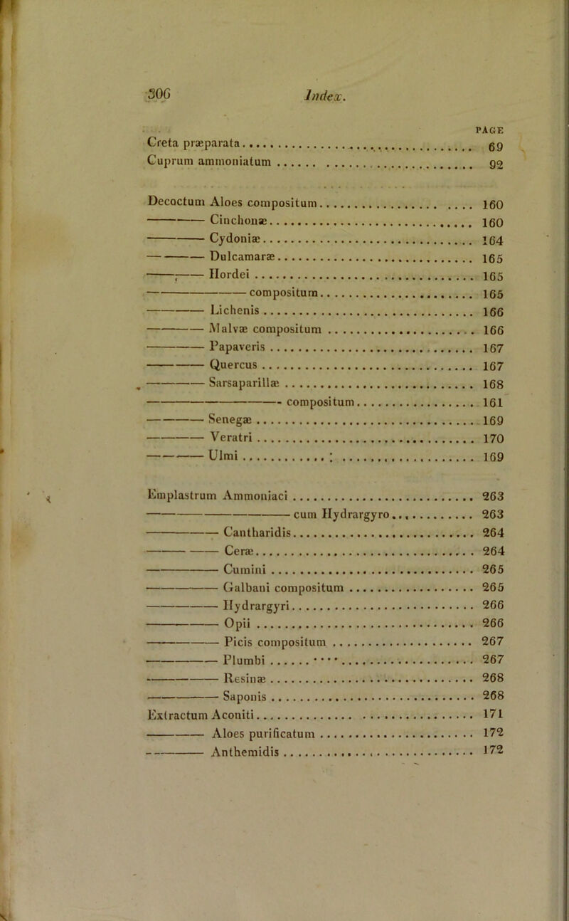 J30G Index. PAGE Creta prseparata gg Cuprum aminonialum go Decoctum Aloes conipositum igO Cinchonaj 160 Cydoniae 164 Dulcamarae 165 ; Ilordel 165 compositum 165 Lichenis 166 Malvae compositum 166 Papaveris 167 Quercus 167 Sarsaparilla; 168 compositum 161 Senega; 169 Veratri 170 Ulmi : 169 Emplastrum Ammoniaci 263 cum Ilydrargyro.. 263 7- Cantharidis 264 Cera; 264 Cuinini 265 Galbaui compositum 265 Ilydrargyri 266 Opii 266 Picis compositum 267 Plumbi • • • * 267 Resina; 268 Saponis 268 Exlractum Aconiti 171 Aloes purificatum 172 Anthemidis 172