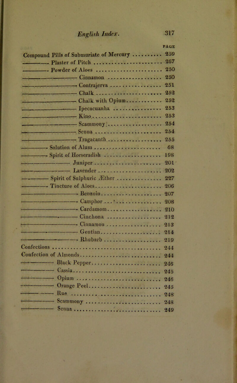 page Compound Pills of Submuriate of Mercury 259 Plaster of Pitch 267 Powder of Aloes 250 Cinnamon 250 :—— Contrajerva 251 Chalk 252 Chalk with Opium 252 — — Ipecacuanha 253 Kino. 253 Scammony] 254 — •. Senna 254 —; —Tragacanth 255 Solution of Alum 68 —=—r Spirit of Horseradish 198 : Juniper 201' — Lavender 202 Spirit of Sulphuric ^ther 227 Tincture of Aloes 206 Benzoin 207 Camphor ...' 208 Cardamom 210 Cinchona 212 — Cinnamon 213 Gentian 214 Rhubarb 219 Confections 244 Confection of Almonds 244 — Black Pepper 246 Cassia 245 — Opium 246 Orange Peel 245 Rue 248 Scammony 248 ::—= Senna . 249