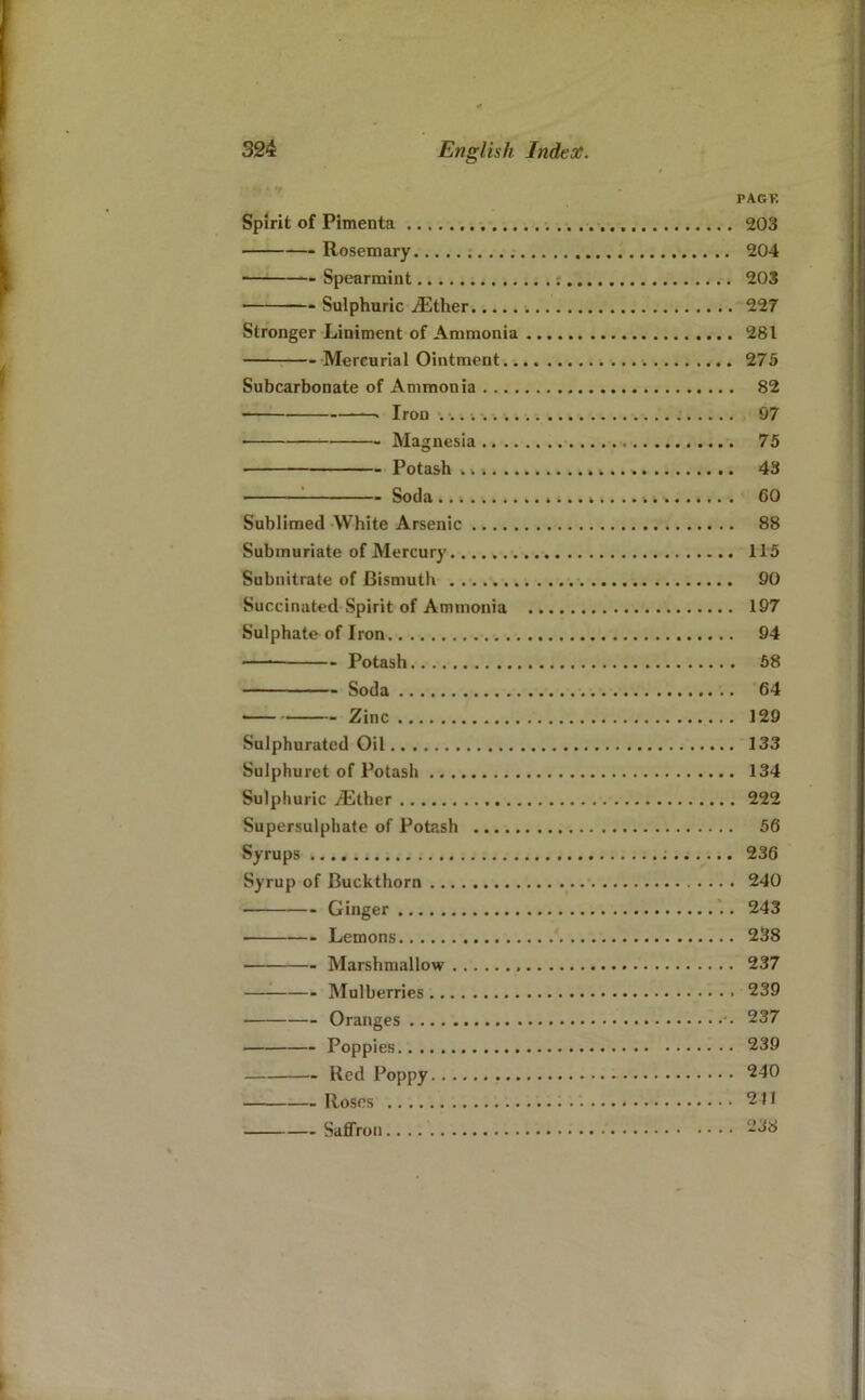 PACK Spirit of Pimenta ; .. 203 Rosemary 204 ■ Spearmint ; 203 Sulphuric iEther 227 Stronger Liniment of Ammonia 281 - Mercurial Ointment 275 Subcarbonate of Ammonia 82 Iron 97 Magnesia 75 ■ Potash . i 43 ^ Soda 60 Sublimed White Arsenic 88 Submuriate of Mercury 115 Subnitrate of Bismuth • 90 Succinated Spirit of Ammonia 197 Sulphate of Iron 94 — Potash 58 Soda 64 • Zinc 129 Sulphurated Oil 133 Sulphuret of Potash 134 Sulphuric iEther 222 Supersulphate of Potash 56 Syrups 236 Syrup of Buckthorn 240 Ginger . 243 ■ Lemons 238 Marshmallow 237 Mulberries 239 Oranges '• 237 Poppies 239 Red Poppy 240 Roses 2U Saffron