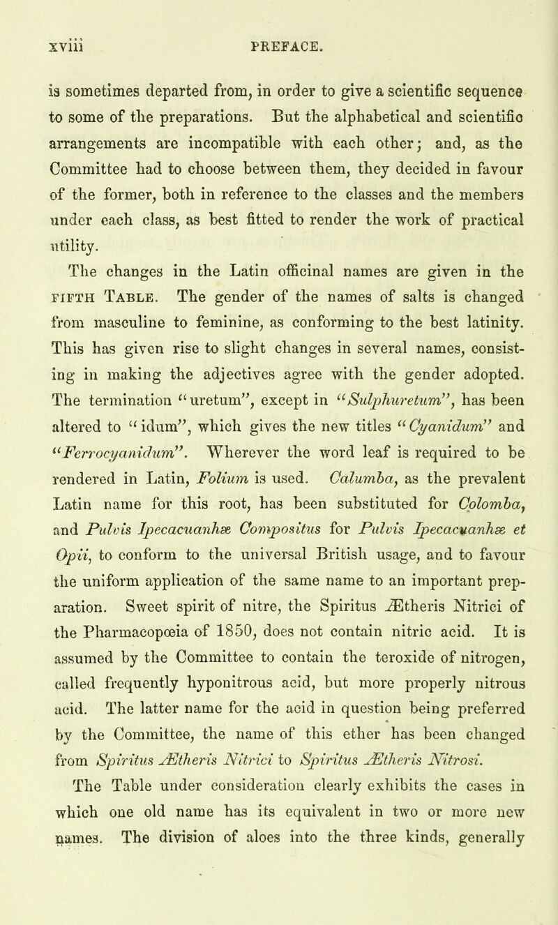 is sometimes departed from, in order to give a scientific sequence to some of the preparations. But the alphabetical and scientific arrangements are incompatible with each other; and, as the Committee had to choose between them, they decided in favour of the former, both in reference to the classes and the members under each class, as best fitted to render the work of practical utility. The changes in the Latin ofiicinal names are given in the fifth Table. The gender of the names of salts is changed from masculine to feminine, as conforming to the best latinity. This has given rise to slight changes in several names, consist- ing in making the adjectives agree with the gender adopted. The termination uretuui, except in Sulphuretum, has been altered to uidum, which gives the new titles Cyanidum and Ferrocyanidum. Wherever the word leaf is required to be rendered in Latin, Folium is used. Calumba, as the prevalent Latin name for this root, has been substituted for Colomba, and Pulvis Ipecacuanhse Compositus for Pulvis Ipecacuanhse et Opii, to conform to the universal British usage, and to favour the uniform application of the same name to an important prep- aration. Sweet spirit of nitre, the Spiritus iEtheris Nitrici of the Pharmacopoeia of 1850, does not contain nitric acid. It is assumed by the Committee to contain the teroxide of nitrogen, called frequently hyponitrous acid, but more properly nitrous acid. The latter name for the acid in question being preferred by the Committee, the name of this ether has been changed from Spiritus JStheris Nitrici to Spiritus JStheris Nitrosi. The Table under consideration clearly exhibits the cases in which one old name has its equivalent in two or more new names. The division of aloes into the three kinds, generally