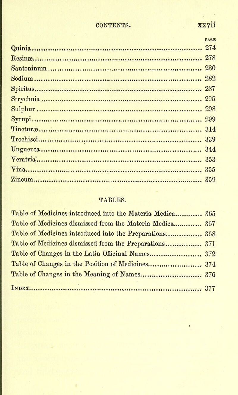 Quinia 274 Kesinse 278 Santoninum 280 Sodium 282 Spiritus 287 Strychnia 295 Sulphur 298 Syrupi 299 Tincturse 314 Trochisci 339 Unguenta 344 Veratria] 353 Vina 355 Zincum 359 TABLES. Table of Medicines introduced into the Materia Medica 365 Table of Medicines dismissed from the Materia Medica 367 Table of Medicines introduced into the Preparations...... 368 Table of Medicines dismissed from the Preparations 371 Table of Changes in the Latin Officinal Names 372 Table of Changes in the Position of Medicines 374 Table of Changes in the Meaning of Names 376 Index 377