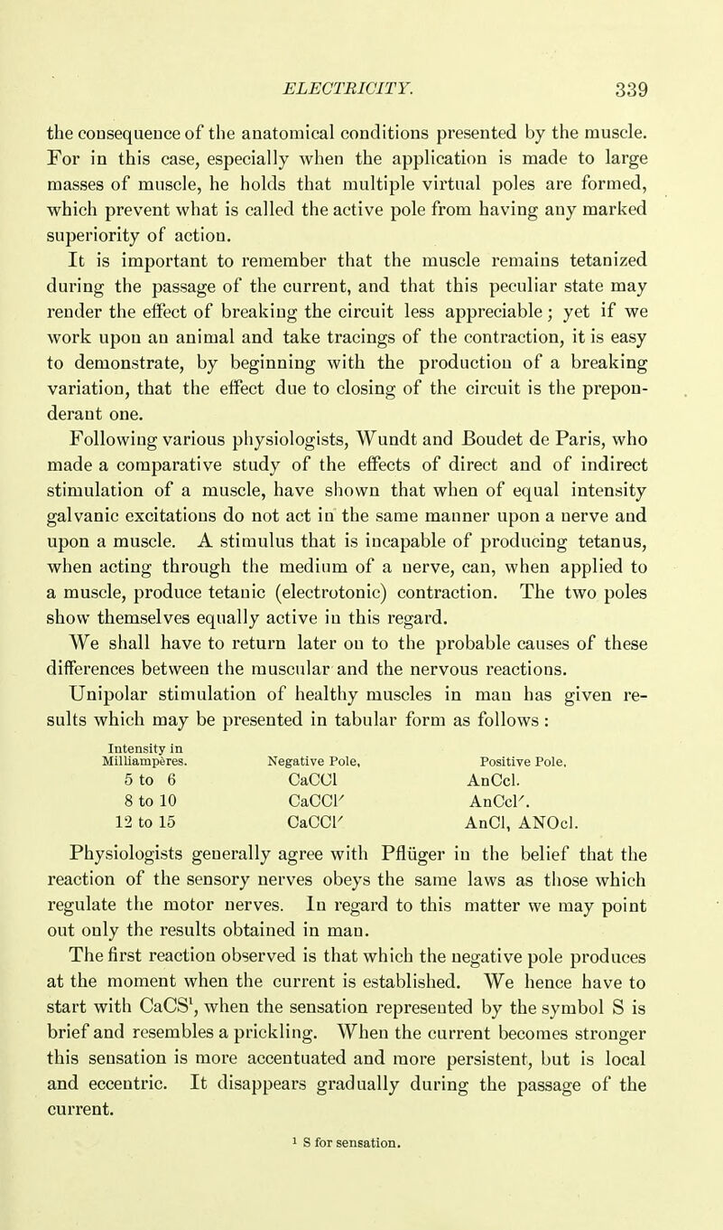 the consequeuce of the anatomical conditions presented by the muscle. For in this case, especially when the application is made to large masses of muscle, he holds that multiple virtual poles are formed, which prevent what is called the active pole from having any marked superiority of action. It is important to remember that the muscle remains tetanized during the passage of the current, and that this peculiar state may render the effect of breaking the circuit less appreciable; yet if we work upon an animal and take tracings of the contraction, it is easy to demonstrate, by beginning with the production of a breaking variation, that the effect due to closing of the circuit is the prepon- derant one. Following various physiologists, Wundt and Boudet de Paris, who made a comparative study of the effects of direct and of indirect stimulation of a muscle, have shown that when of equal intensity galvanic excitations do not act in the same manner upon a nerve and upon a muscle. A stimulus that is incapable of producing tetanus, when acting through the medium of a nerve, can, when applied to a muscle, produce tetanic (electrotonic) contraction. The two poles show themselves equally active in this regard. We shall have to return later on to the probable causes of these differences between the muscular and the nervous reactions. Unipolar stimulation of healthy muscles in man has given re- sults which may be presented in tabular form as follows : Intensity in Milliamperes. Negative Pole, Positive Pole. 5 to 6 CaCCl AnCcl. 8 to 10 CaCCK AnCcK. 12 to 15 CaCCK AnCl, ANOcl. Physiologists generally agree with Pfliiger in the belief that the reaction of the sensory nerves obeys the same laws as those which regulate the motor nerves. In regard to this matter we may point out only the results obtained in man. The first reaction observed is that which the negative pole produces at the moment when the current is established. We hence have to start with CaCS', when the sensation represented by the symbol S is brief and resembles a prickling. When the current becomes stronger this sensation is more accentuated and more persistent, but is local and eccentric. It disappears gradually during the passage of the current. 1 S for sensation.