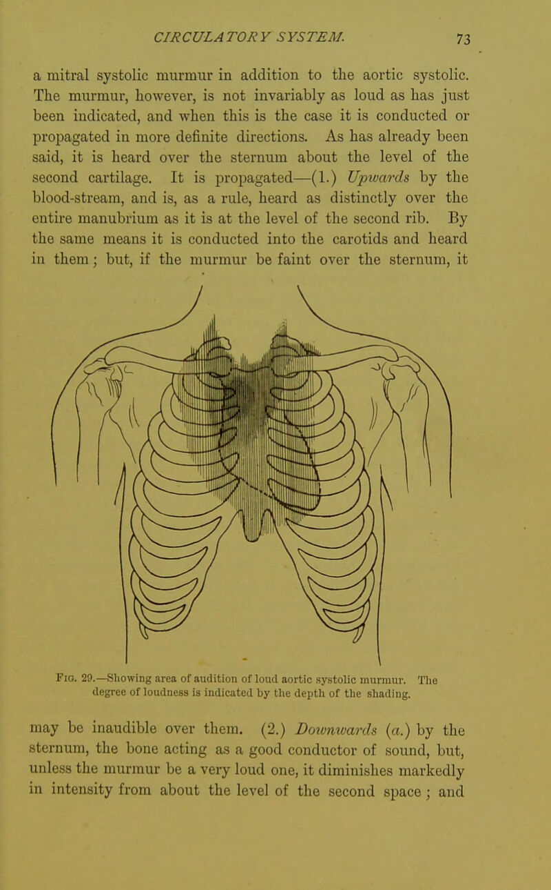 a mitral systolic murmur in addition to the aortic systolic. The murmur, however, is not invariably as loud as has just been indicated, and when this is the case it is conducted or propagated in more definite directions. As has already been said, it is heard over the sternum about the level of the second cartilage. It is propagated—(1.) Upwards by the blood-stream, and is, as a rule, heard as distinctly over the entire manubrium as it is at the level of the second rib. By the same means it is conducted into the carotids and heard in them; but, if the murmur be faint over the sternum, it \ Fio. 29.—Showing area of audition of loud aortic systolic murmur. The degree of loudness is indicated by the depth of the shading. may be inaudible over them. (2.) Downwards (a.) by the sternum, the bone acting as a good conductor of sound, but, unless the murmur be a very loud one, it diminishes markedly in intensity from about the level of the second space; and