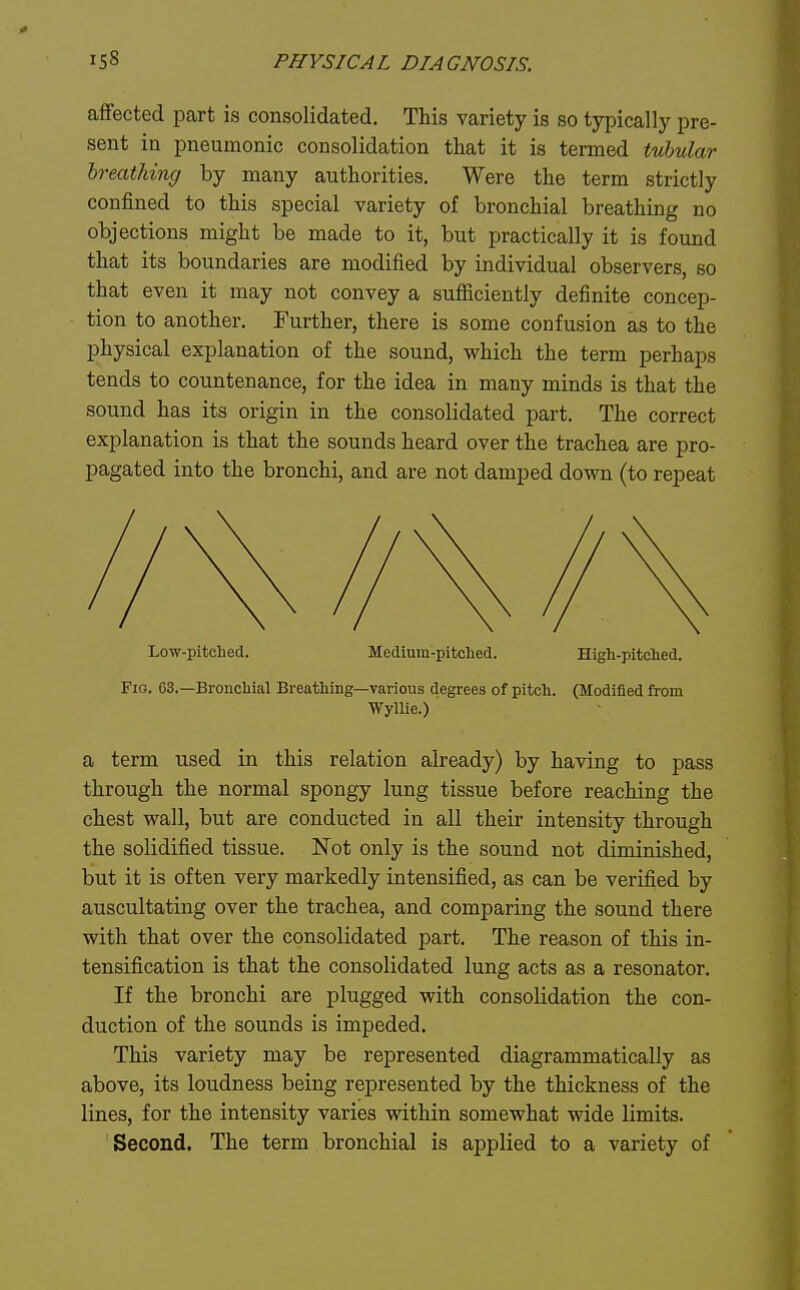 affected part is consolidated. This variety is so typically pre- sent in pneumonic consolidation that it is termed tubular breathing by many authorities. Were the term strictly confined to this special variety of bronchial breathing no objections might be made to it, but practically it is found that its boundaries are modified by individual observers, so that even it may not convey a sufficiently definite concep- tion to another. Further, there is some confusion as to the physical explanation of the sound, which the term perhaps tends to countenance, for the idea in many minds is that the sound has its origin in the consolidated part. The correct explanation is that the sounds heard over the trachea are pro- pagated into the bronchi, and are not damped down (to repeat Low-pitclied. Medium-pitched. High-pitched. Fio. 63.—Bronchial Breathing—various degrees of pitch. (Modified from Wyllie.) a term used in this relation already) by having to pass through the normal spongy lung tissue before reaching the chest wall, but are conducted in all their intensity through the solidified tissue. Not only is the sound not diminished, but it is often very markedly intensified, as can be verified by auscultating over the trachea, and comparing the sound there with that over the consolidated part. The reason of this in- tensification is that the consolidated lung acts as a resonator. If the bronchi are plugged with consolidation the con- duction of the sounds is impeded. This variety may be represented diagrammatically as above, its loudness being represented by the thickness of the lines, for the intensity varies within somewhat wide limits. Second. The term bronchial is applied to a variety of
