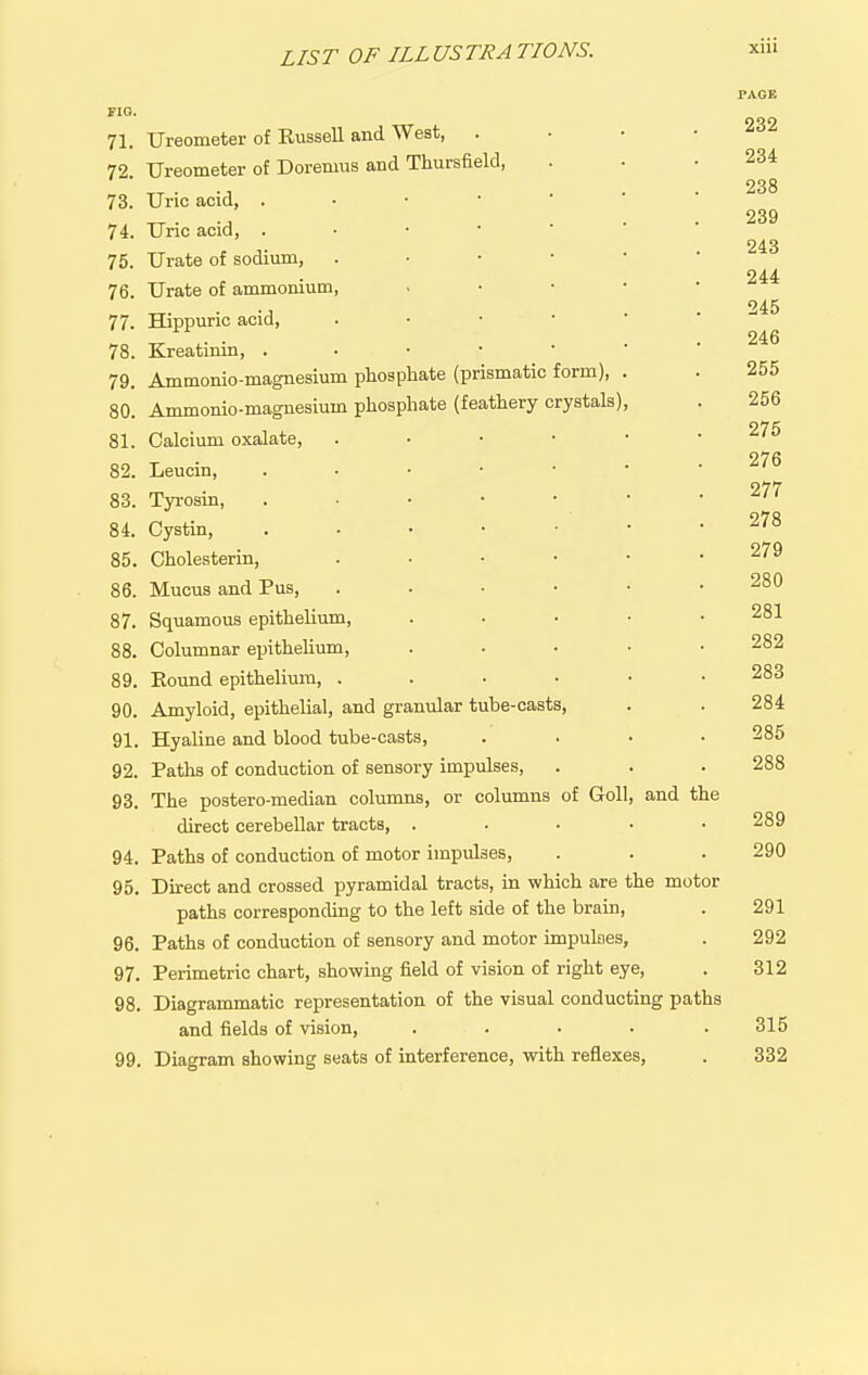 71. 72. 73. 74. 75. 76. 77. 78. 79. 80. 81. 82. 83. 84. 85. 86. 87. 88. 89. 90. 91. 92. 93. 94. 95. 96. 97. 98. 99. Ureometer of Russell and West, . Ureometer of Doremus and Thursfield, Uric acid, . Uric acid, . Urate of sodium. Urate of ammonium, Hippuric acid, Kreatinin, . Ammonio-magnesium phosphate (prismatic form), Ammonio-magnesium phosphate (feathery crystals). Calcium oxalate, Leucin, Tyrosin, Oystin, Cholesterin, Mucus and Pus, Squamous epithelium, Columnar epithelium, Eound epithelium, . Amyloid, epithelial, and granular tube-casts, Hyaline and blood tube-casts. Paths of conduction of sensory impulses. The postero-median columns, or columns of Goll, and the direct cerebellar tracts, . Paths of conduction of motor impulses, Durect and crossed pyramidal tracts, in which are the motor paths corresponding to the left side of the brain, Paths of conduction of sensory and motor impulses, Perimetric chart, showing field of vision of right eye, Diagrammatic representation of the visual conducting pathf and fields of vision, .... Diagram showing seats of interference, with reflexes. PAGE 232 234 238 239 243 244 245 246 255 256 275 276 277 278 279 280 281 282 283 284 285 288 289 290 291 292 312 315 332