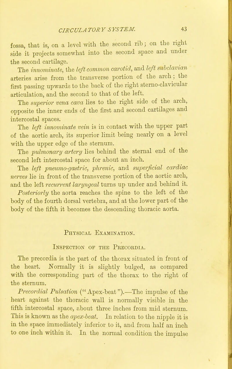 fossa, that is, on a level with the second rib; on the right side it projects somewhat into the second space and nnder the second cartilage. The innominate, the left common carotid, and left subclavian arteries arise from the transverse portion of the arch; the first passing upwards to the hack of the right sterno-clavicular articulation, and the second to that of the left. The superior vena cava lies to the right side of the arch, opposite the inner ends of the first and second cartilages and intercostal spaces. The left innominate vein is in contact with the upper part of the aortic arch, its superior limit heing nearly on a level -with the upper edge of the sternum. The pulmonary artery lies behind the sternal end of the second left intercostal space for about an inch. The left pneimo-gastric, -phrenic, and sujjerficial cardiac nerves lie in front of the transverse portion of the aortic arch, and the left recurrent laryngeal turns up under and beliind it. Posteriorly the aorta reaches the spine to the left of th.e body of the fourth dorsal vertebra, and at the lower part of the body of the fifth it becomes the descending thoracic aorta. Physical Examination. Inspection op the Prbcordia. The precordia is the part of the thorax situated in front of the heart. JS'ormally it is slightly bulged, as compared with the corresponding part of the thorax to the right of the sternum. Precordial Pulsation (Apex-beat).—The impulse of the heart against the thoracic wall is normally visible in the fifth intercostal space, about three inches from mid sternum. This is known as the apex-heat. In relation to the nipple it is in the space immediately inferior to it, and from half an inch to one inch within it. In the normal condition the impidse