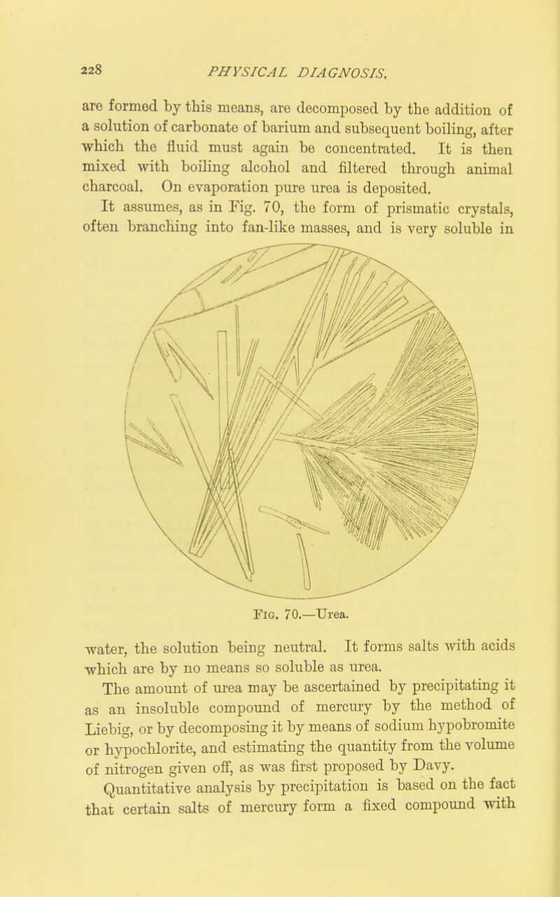 are formed by this means, are decomposed by the addition of a solution of carbonate of barium and subsequent boiling, after which the fluid must again be concentrated. It is then mixed with boiling alcohol and filtered through animal charcoal. On evaporation pure urea is deposited. It assumes, as in Fig. 70, the form of prismatic crystals, often branching into fan-like masses, and is very soluble in Fie. 70.—Urea. water, the solution being neutral. It forms salts with acids which are by no means so soluble as urea. The amount of urea may be ascertained by precipitating it as an insoluble compound of mercury by the method of Liebig, or by decomposing it by means of sodium hypobromite or hypochlorite, and estimating the quantity from the volume of nitrogen given ofi, as was first proposed by Davy. Quantitative analysis by precipitation is based on the fact that certain salts of mercury form a fixed compound vdth