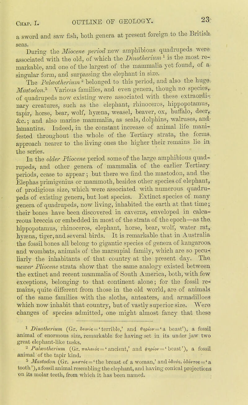 23: a sword and saw fisli, iDotli genera at present foreign to tlie Britisli- seas. During the Miocene ^^eHod new amphibious quadrupeds were associated^with the old, of which the Dinotheiium ^ is the most re- markable, and one of the largest of the mammalia yet found, of a. singular form, and surpassing the elephant in size. The P«teo^7ie/-M»/i ^ belonged to this period, and also the huge. Mastodon.^ Various families, and even genera, though no species,, of quadrupeds noAV existing were associated Avith these extraordi-; nary creatures, such as the elephant, rhinoceros, hippopotamus, tapir, horse, bear, wolf, hyaena, weasel, beaver, ox, buifalo, deer,: &c.; and also marine mammalia, as seals, dolphins, walruses, and- lamantins. Indeed, in the constant increase of animal life mani- fested throughout the whole of the Tertiary strata, the forms, approach nearer to the living ones the higher their remains lie in the series. In the older Pliocene period some of the large amphibious quad- rupeds, and other genera of mammalia of the earlier Tertiary periods, cease to appear ; but there we find the mastodon, and the Elephas primigenius or mammoth, besides other species of elephant, of prodigious size, which were associated with numerous quadru- peds of existing genera, but lost species. Extinct species of many genera of quadrupeds, now living, inhabited the earth at that time; their bones have been discovered in caverns, enveloped in calca- reous breccia or embedded in most of the sti'ata of the epoch—as the, hippopotamus, rhinoceros, elephant, horse, bear, wolf, water rat, hysena, tiger, and several birds. It is remarkable that in Australia the fossil bones all belong to gigantic species of genera of kangaroos, and wombats, animals of the marsupial family, which are so pecu- liarly the inhabitants of that country at the present day. The newer Pliocene strata show that the same analogy existed between the extinct and recent mammalia of South America, both, with few exceptions, belonging to that continent alone; for the fossil re- mains, quite different from those in the old world, are of animals of the same families with the sloths, anteaters, and armadilloes which now inhabit that country, but of vastly superior size. AVere changes of species admitted, one might almost fancy that these 1 Dinothcrium (Gr. Seti/ds = 'terrible,' and 9i)pc'oi' = 'a beast'), a fossU animal of enormous size, reniavlcable for having set in its under jaw two great elephant-like tusks. ^ Palwotherium (Gr. 7ra\aid9=' ancient,' and ei)pto»' = 'beast'), a fossil animal of the tapir kind. 5 3Iustodon (Gr. m<''''os = 'the breast of a woman,'and oSov's, 65di'Tos = 'a tooth'), a fossil animal resembling the elephant, and having conical projections on its molar teeth, from wliich it has been named.