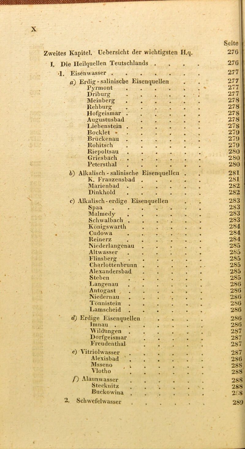 Zweites Kapitel. Uebersicht der wichtigsten H.q I. Die Heilquellen Teutschlands ■1. Eisen Wasser . ä) Erdig - salinische Eisenquellen Pyrmont Driburg Meinberg Rehburg Hofgeismar Augustusbad Liebenstein Bocklet » Brückenau Rohitsch ' Riepoltsau ' ^ Griesbach , Petersthal fc) Alkalisch - salinische Eisenquellen K. Franzensbad Marienbad Dinkhold , c) Alkalisch-erdige Eisenquellen Spaa Malmedy i Schwalbach . ' Königswarth . Cudowa Reinerz Niederlangenau Altwasser Flinsberg ' Charlottenbrunn Alexandersbad Stehen Langenau Antogast Niedernau Tönnistein Lamscheid . d) Erdige Eisenquellen Imnau . ^Vildüngen . Dorfgeismar Freudenthal c) VitrioKvasser Alexisbad ‘ . Msseno i Vlotho * . f) Alaunwasser Stecknitz Buckowina