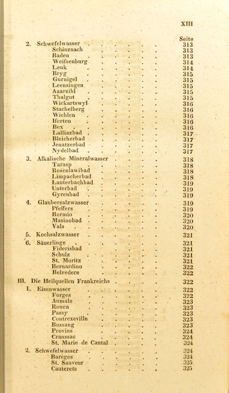 2. Schwefehvasser . Schinznach Baden Weifsenburg Lenk Bryg Gurnigel , . Leensingen Aaarzihl Thal gut Wickartswyl- Stachelberg ' W'ichlen Iferten : Bex Lalliazhad . Bleicherhad Jenatzerbad • Nydelbad 3^ Alkalische Minerahvasse Tarasp Rosenlawibad Linipacherbad Lauterbachbad Unterbad Gyrenbad 4. Glaubersalzwasser / Pfeifers Bormio Masinobad . • Vals . / 5. Kochsalzwasser 6. Säuerlinge . . » Fiderisbad Schulz ; • St. Moritz ' Bernardino Belvedere III, Die Heilquellen Frankreichs 1. Eisenwasser Forges . ' . Aumale Rouen . . Passy ' Contrexeville Bussang • Provins Cranssac St. Marie de Cantal 2. Schwefelwasser Bar^ges St. Sauveur ' > Cauterets Seite 313 313 313 314 314 315 315 315 315 315 316 316 316 316 316 317 317 317 317 318 318 318 318 319 319 319 319 319 320 320 320 321 321 321 321 321  322 322 322 322 322 323 323 323 323 323 324 324 324 324 324 325 325 /