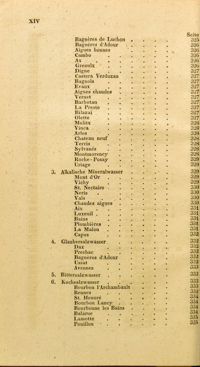 XIV Bagn^res de Luchon • Bagnjfercs d’Adour \ . / ^Aigues bonnes ' . Cambo , Ax . . . . Greoulx Digne - Castera Verduzan • Bagnols .. , ' . Evaux Aigues chaudes Vernet . . “ . Barbotan La Preste Bilazai _ . . . Olette Molitx Vinca ,' , Arles ' . . . Chateau neuf '' Tercis . ' . Sylvanes Montmorency Roche - Posay . Uriage 3. Alkalische Mineralwasser Mont d’Or Vichy . . St. Nectaire . Neris Vals . . . , . Chaudes aigues ^ . . •Aix . . . . Luxeuil . . . . Bains Plombieres La Malon ' Capus 4. Glaubersalzwasser Dax , Prechac Bagneres d’Adour Lssat Avennes i 5. Bittersalzwasser 6. Kochsalzwasser Bourbon l’Archambault Rennes St. Honor4 Bourbon Lancy Bourbonne les Bains Balaruc Laniotte Pouillou ' . Seite 325 326 326 326 326 326 327 327 327 327 327 327 327 327 327 327 328 328 3-28 328 328 328 328 329 329 329 329 329 330 330 330 330 331 331 331 331 331 332 33-2 332 332 332 332 333 333 333 333 ' 334* 334 334 334 334 335 335