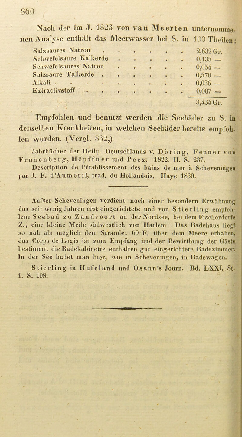 SbO Nach der im J. 1823 von van Meerten unternomme- nen Analyse enthält das Meerwasser bei S. in lOOTheilen: Salzsaures Natron 2,632 Gr. Schwefelsäure Kalkerde • 0,135 — Schwefelsaures Natron 0,054 - Salzsaure Talkerde . • . 0,570 — Alkali ..... Extractivstoff • 0,007 — 3,434 Gr. Empfohlen und benutzt werden die Seebäder zu S. in denselben Krankheiten, in welchen Seebäder bereits erapfoh- len wurden. (Vergl. 832,) Jahrbücher der Heih(. Deutschlands v. Döring, Feuner von Fenn enb erg, llöpffner und Peez. 1822. II. S. 237. Description de l’etablissement des bains de mer ä Scheveningen par J. F. d’Aumeril, trad. du Hollandois. Haye 1830. Aufser Scheveningen verdient noch einer besondern Erwähnung das seit wenig Jahren erst eingei’ichtete und von Stierling empfoh- lene Seebad zu Zandvoort an der Nordsee, bei dem Fischerdorfc Z., eine kleine Meile südwestlich von Harlem Das Badehaus liegt so nah als möglich dem Strande, 60 F. über dem Meere erhaben, das Corps de Logis ist zum Empfang und der ßewirthung der Gäste bestimmt, die Badekabinette enthalten gut eingerichtete Badezimmer, ln der See badet man hier, wie in Scheveningen, in Badewagen. Stierling in Hufeland und Osaun’s Journ. Bd. LXXI. St. 1. S. 108.