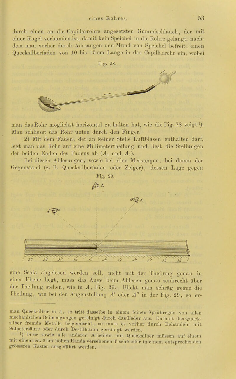 durch einen an die Capillai'rölire augesetzten Gummisclilauch, der mit einer Kugel verbunden ist, damit kein Speichel in die Röhre gelangt, nach- dem mau vorher durch Aussaugen den Muud von Speichel befreit, einen Quecksilberfaden von 10 bis 15 cm Lcänge in das Capillarrohr ein, wobei Fig. 28. man das Rohr möglichst horizontal zu halten hat, wie die Fig. 28 zeigt Man schliesst das Rohr unten durch den Finger. 2) Mit dem Faden, der an keiner Stelle Luftblasen enthalten darf, legt man das Rohr auf eine Millimetertheilung und liest die Stellungen der beiden Enden des Fadens ab (Ä^ und Ao). Bei diesen Ablesungen, sowie bei allen Messungen, bei denen der Gegenstand (z. B. Quecksilberfaden oder Zeiger), dessen Lage gegen Fig. 29. einer Ebene liegt, muss dag Auge beim Ablesen genau senkrecht über der Theiluug stehen, wie in Ä, Fig. 29. Blickt man schräg gegen die rheilung, wie bei der Augenstellung A' oder A in der Fig. 29, so er- man Quecksilber m A, so tritt dasselbe in einem feineu Sprüliregen von allen mechauisclien Beimengungen gereinigt durch das Leder aus. Euthält das Queck- silber fremde JMLetalle beigemischt, so muss es vorher durch Behandeln ujit Salpetersäure oder durch Destillation gereinigt werden. ') Diese sowie alle anderen Arbeiten mit Quecksilber müssen auf einem mit einem ca. 2 cm hoben Rande versehenen Tische oder in einem entspreclieiideu grösseren J^asten ausgeführt werden.