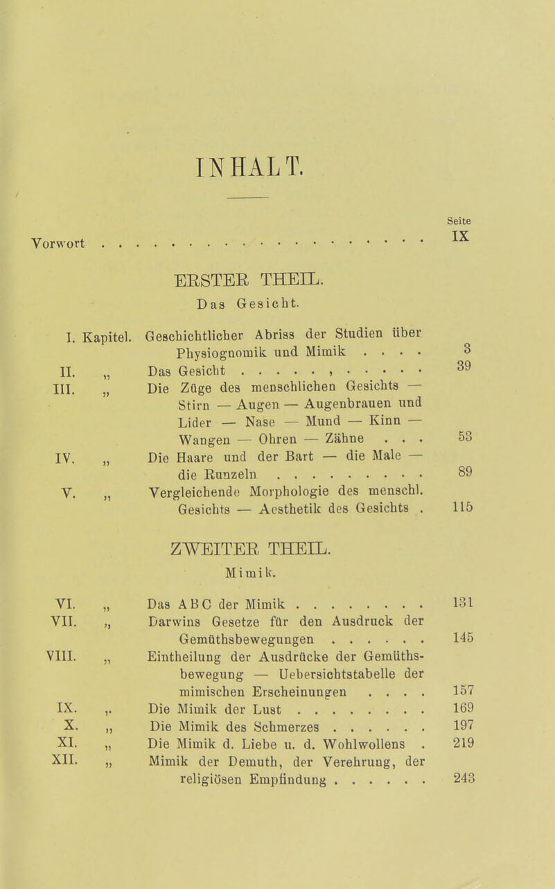 IN HAL T. Seite Vorwort EESTEß THEIL. Das Gesicht. I. Kapitel. Geschichtlicber Abriss der Studien über Physiognomik und Mimik .... 3 II. „ Das Gesicht , 39 III, „ Die Züge des menschlichen Gesichts — Stirn — Augen — Augenbrauen und Lider — Nase — Mund — Kinn — Wangen — Ohren — Zähne ... 53 IV. „ Die Haare und der Bart — die Male — die Kunzein 89 V. „ Vergleichende Morphologie des menschl. Gesichts — Aesthetik des Gesichts . 115 ZWEITEE THEIL. M i m i l(. VI. „ Das ABC der Mimik 131 VII. „ Darwins Gesetze für den Ausdruck der Gemüthsbewegungen 145 VIII. „ Eintheilung der Ausdrücke der Gemüths- bewegung — Uebersichtstabelle der mimischen Erscheinungen .... 157 IX. ,. Die Mimik der Lust 169 X. „ Die Mimik des Schmerzes 197 XI. „ Die Mimik d. Liebe u. d. Wohlwollens . 219 XII. „ Mimik der Demuth, der Verehrung, der religiösen Empfindung 243