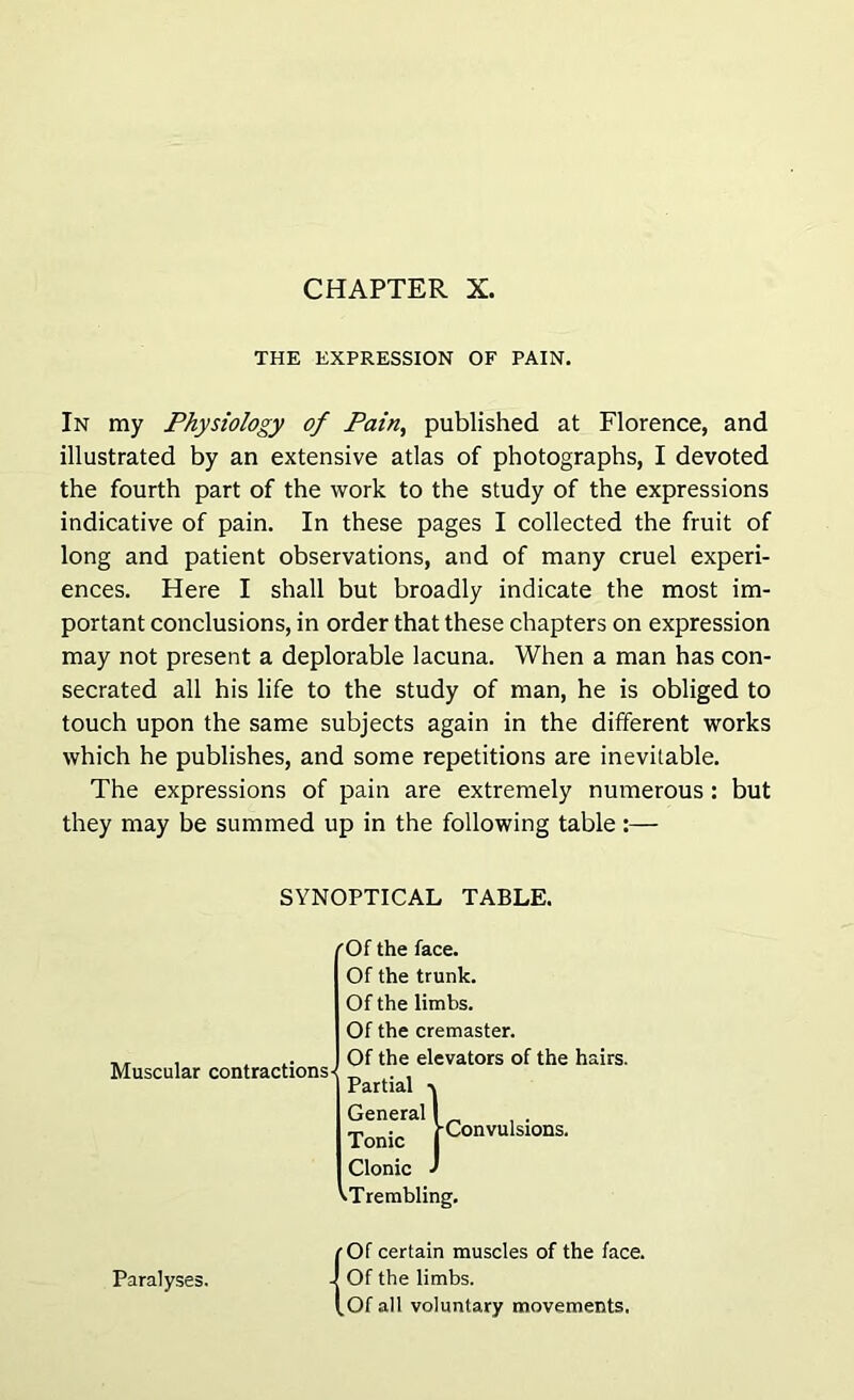 CHAPTER X. THE EXPRESSION OF PAIN. In my Physiology of Pain, published at Florence, and illustrated by an extensive atlas of photographs, I devoted the fourth part of the work to the study of the expressions indicative of pain. In these pages I collected the fruit of long and patient observations, and of many cruel experi- ences. Here I shall but broadly indicate the most im- portant conclusions, in order that these chapters on expression may not present a deplorable lacuna. When a man has con- secrated all his life to the study of man, he is obliged to touch upon the same subjects again in the different works which he publishes, and some repetitions are inevitable. The expressions of pain are extremely numerous: but they may be summed up in the following table:— SYNOPTICAL TABLE. 'Of the face. Of the trunk. Of the limbs. Of the cremaster. Muscular contractions- Of the elevators of the hairs. Clonic J ^Trembling. Of certain muscles of the face. Paralyses. Of all voluntary movements.