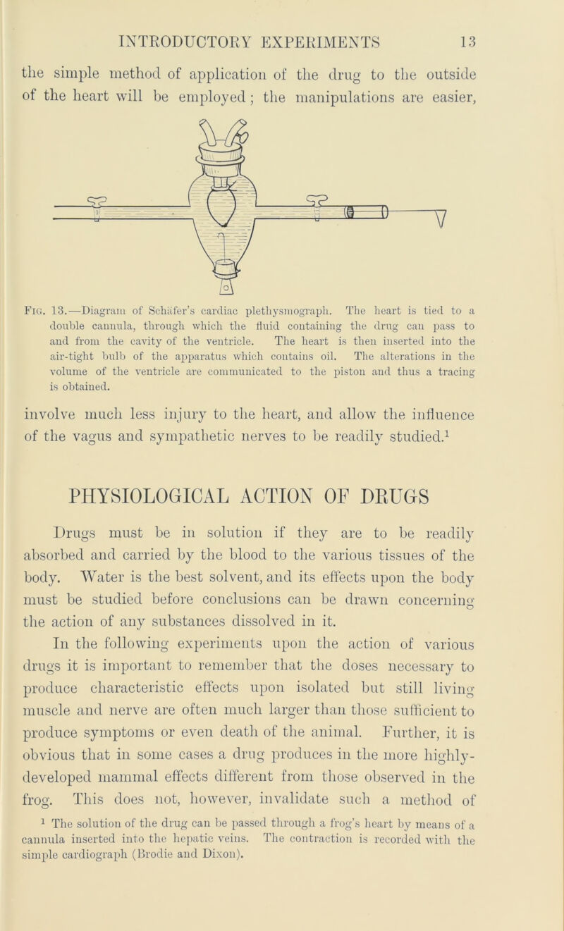 the simple method of application of the drug to the outside of the heart will be employed; the manipulations are easier, Fig. 13.—Diagram of Schafer’s cardiac plethysmograph. The heai’t is tied to a double cannula, through which the fluid containing the drug can pass to and from the cavity of the ventricle. The heai’t is then inserted into the air-tight bulb of the apparatus which contains oil. The alterations in the volume of the ventricle are communicated to the piston and thus a tracing is obtained. involve much less injury to the heart, and allow the influence of the vagus and sympathetic nerves to he readily studied.1 PHYSIOLOGICAL ACTION OF DRUGS Drugs must be in solution if they are to be readily absorbed and carried by the blood to the various tissues of the body. Water is the best solvent, and its effects upon the body must be studied before conclusions can be drawn concernim>- O the action of any substances dissolved in it. In the following experiments upon the action of various drugs it is important to remember that the doses necessary to produce characteristic effects upon isolated but still living muscle and nerve are often much larger than those sufficient to produce symptoms or even death of the animal. Further, it is obvious that in some cases a drug produces in the more highly- developed mammal effects different from those observed in the frog. This does not, however, invalidate such a method of 1 The solution of the drug can be passed through a frog’s heart by means of a cannula inserted into the hepatic veins. The contraction is recorded with the simple cardiograph (Brodie and Dixon).