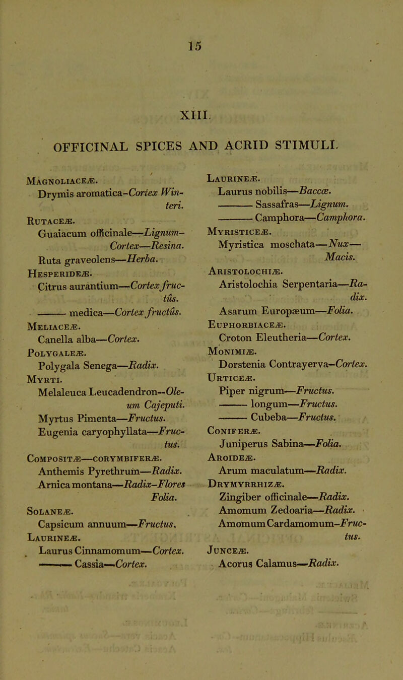 XIII. OFFICINAL SPICES AND ACRID STIMULI. MaGNOLIACEjE. Drymis aromatica-Cortex fVin- teri. Rutace.e. Guaiacum officinale—Lignum- Cortex—Resina. Ruta graveolens—Herba. HeSPERIDEjE. Citrus aurantium—Cortex fruc- tus. . medica—Cortex frudus. Meliace/e. Canella alba—Cortex. PoLYGALEiE. Polygala Senega—Radix. Myrti. Melaleuca Leu cadendr on— Ole- um Cajeputi. Myrtus Pimenta—Frudus. Eugenia caryophyllata—Fruc- tus. COMPOSITE—CORYMBIFER.E. Anthemis Pyrethrum—Radix. Arnica montana—Radix-Flores Folia. S0LANE.E. Capsicum annuum—Frudus. Laurine.e. Laurus Cinnamomum—Cortex. — Cassia—•Cortex. Laurine.®. Laurus nobilis—Baccce. Sassafras—Lignum. Camphora—Camphora. MyRISTICEjE. Myristica moschata—Nux— Macis. Aristolochi.®. Aristolochia Serpentaria—Ra- dix. Asarum Europaeum—Folia. Euphorbiace^e. Croton Eleutheria—Cortex. MoNIMIiE. Dorstenia Contrayerva-Cwto. Urtice^e. Piper nigrum—Frudus. longum—Frudus. Cubeba—Frudus. Conifers. Juniperus Sabina—Folia. Aroide®. Arum maculatum—Radix. DrYMYRRHIZjE. Zingiber officinale—Radix. Amomum Zedoaria—Radix. Amomum Cardamomum-i'V?/o tus. Junce#:. A cor us Calamus—Radix.