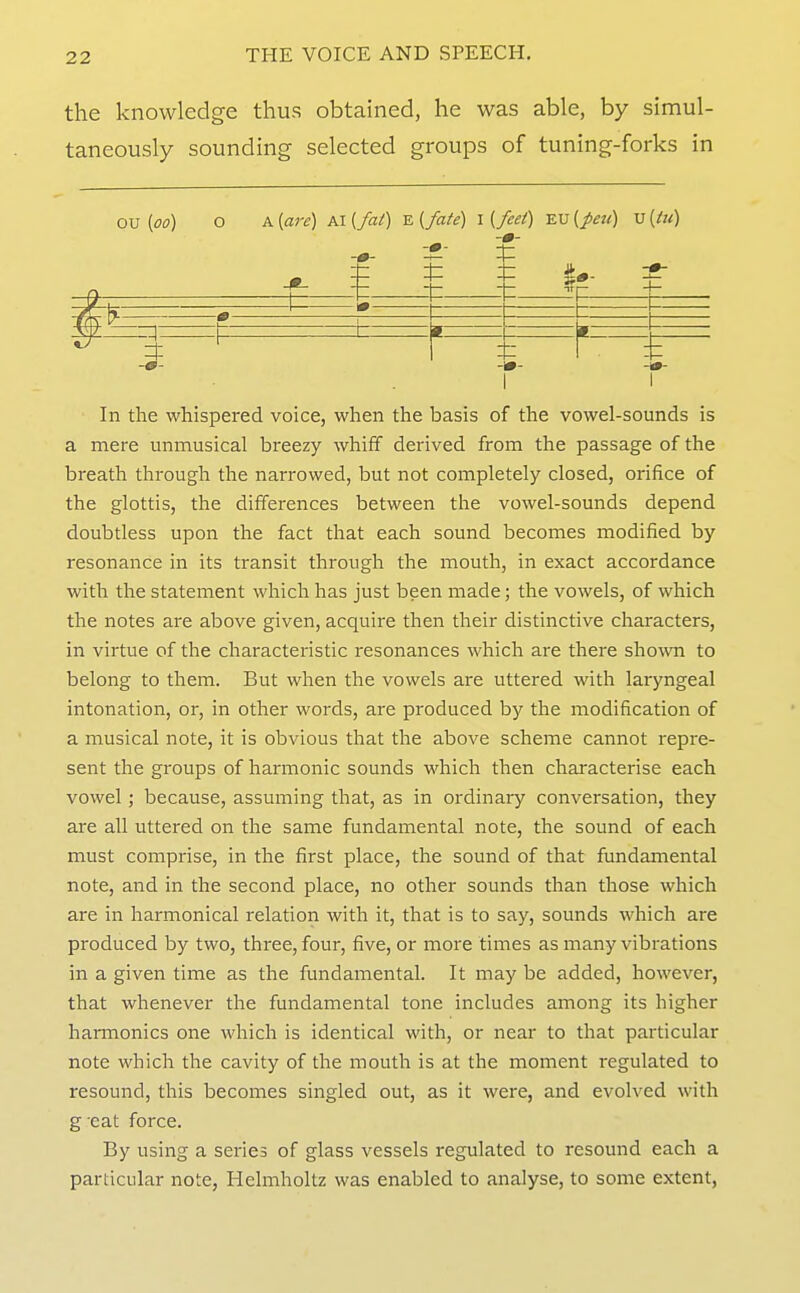 the knowledge thus obtained, he was able, by simul- taneously sounding selected groups of tuning-forks in OU M O K{are) Al(fal) Y.{fate) l[feet) ^v{peii) v{tu) - -0- — -It u——'—1 I— ^ 1 ' ^ 1 In the whispered voice, when the basis of the vowel-sounds is a mere unmusical breezy whiff derived from the passage of the breath through the narrowed, but not completely closed, orifice of the glottis, the differences between the vowel-sounds depend doubtless upon the fact that each sound becomes modified by resonance in its transit through the mouth, in exact accordance with the statement which has just been made; the vowels, of which the notes are above given, acquire then their distinctive characters, in virtue of the characteristic resonances which are there sho^vn to belong to them. But when the vowels are uttered with laryngeal intonation, or, in other words, are produced by the modification of a musical note, it is obvious that the above scheme cannot repre- sent the groups of harmonic sounds which then characterise each vowel; because, assuming that, as in ordinary conversation, they are all uttered on the same fundamental note, the sound of each must comprise, in the first place, the sound of that fundamental note, and in the second place, no other sounds than those which are in harmonical relation with it, that is to say, sounds which are produced by two, three, four, five, or more times as many vibrations in a given time as the fundamental. It may be added, however, that whenever the fundamental tone includes among its higher harmonics one which is identical with, or near to that particular note which the cavity of the mouth is at the moment regulated to resound, this becomes singled out, as it were, and evolved with g eat force. By using a series of glass vessels regulated to resound each a particular note, Helmholtz was enabled to analyse, to some extent,