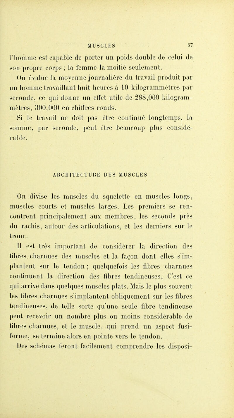 l'homme est capable de porter un poids double de celui de son propre corps; la femme la moitié seulement. On évalue la moyenne journalière du travail produit par un homme travaillant huit heures à 10 kilogrammètres par seconde, ce qui donne un effet utile de 288,000 kilogram- mètres, 300,000 en chiffres ronds. Si le travail ne doit pas être continué longtemps, la somme, par seconde, peut être beaucoup plus considé- rable. ARCHITECTURE DES MUSCLES On divise les muscles du squelette en muscles longs, muscles courts et muscles larges. Les premiers se ren- contrent principalement aux membres, les seconds près du rachis, autour des articulations, et les derniers sur le tronc. Il est très important de considérer la direction des fibres,charnues des muscles et la façon dont elles s'im- plantent sur le tendon ; quelquefois les fibres charnues continuent la direction des fibres tendineuses, C'est ce qui arrive dans quelques muscles plats. Mais le plus souvent les fibres charnues s'implantent obliquement sur les fibres tendineuses, de telle sorte qu'une seule fibre tendineuse peut recevoir un nombre plus ou moins considérable de fibres charnues, et le muscle, qui prend un aspect fusi- forme, se termine alors en pointe vers le tendon. Des schémas feront facilement comprendre les disposi-