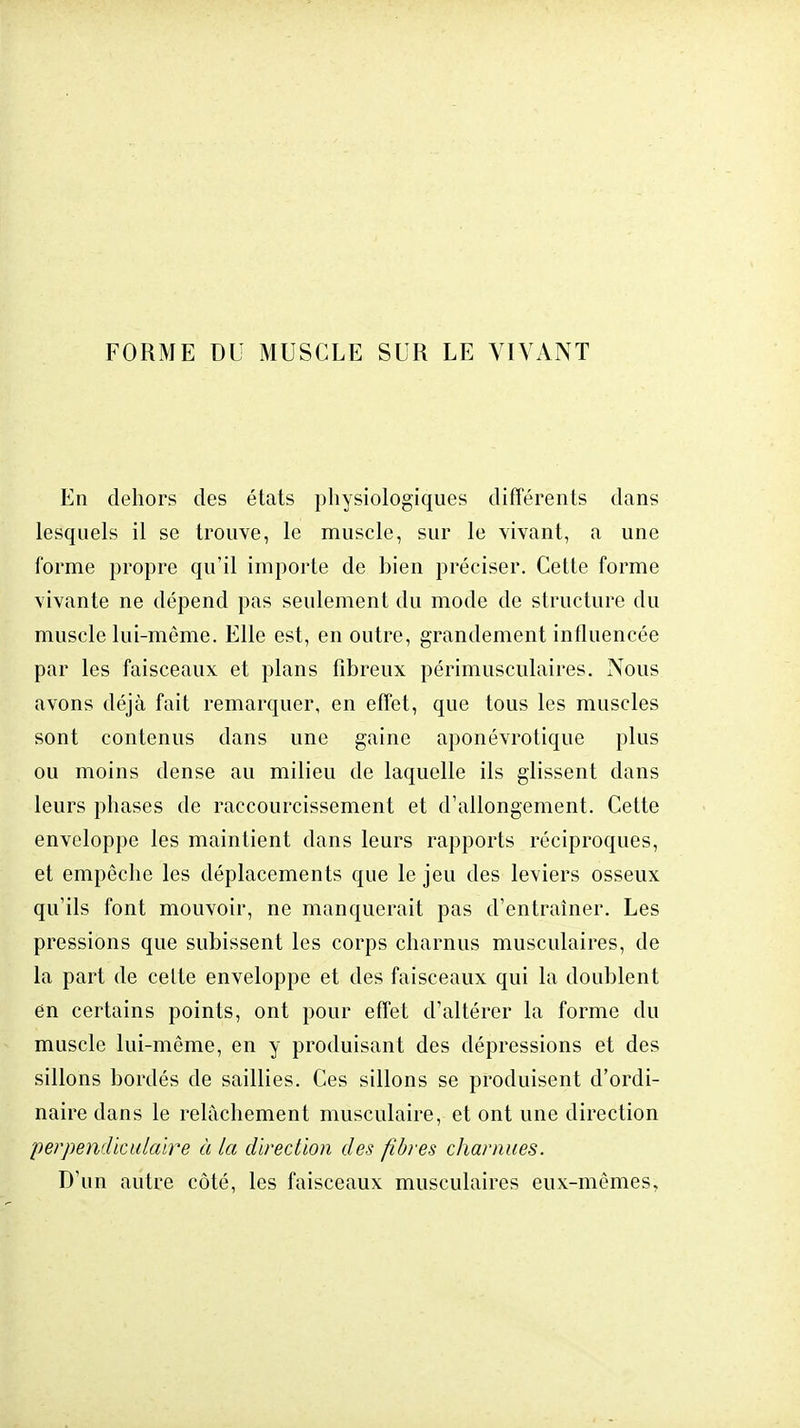 FORME DU MUSCLE SUR LE VIVANT En dehors des états physiologiques différents dans lesquels il se trouve, le muscle, sur le vivant, a une forme propre qu'il importe de bien préciser. Cette forme vivante ne dépend pas seulement du mode de structure du muscle lui-même. Elle est, en outre, grandement influencée par les faisceaux et plans fibreux périmusculaires. Nous avons déjà fait remarquer, en effet, que tous les muscles sont contenus dans une gaine aponévrotique plus ou moins dense au milieu de laquelle ils glissent dans leurs phases de raccourcissement et d'allongement. Cette enveloppe les maintient dans leurs rapports réciproques, et empêche les déplacements que le jeu des leviers osseux qu'ils font mouvoir, ne manquerait pas d'entraîner. Les pressions que subissent les corps charnus musculaires, de la part de celte enveloppe et des faisceaux qui la doublent en certains points, ont pour effet d'altérer la forme du muscle lui-même, en y produisant des dépressions et des sillons bordés de saillies. Ces sillons se produisent d'ordi- naire dans le relâchement musculaire, et ont une direction perpendiculaire à la direction des fibres cJiarnues. D'un autre côté, les faisceaux musculaires eux-mêmes.