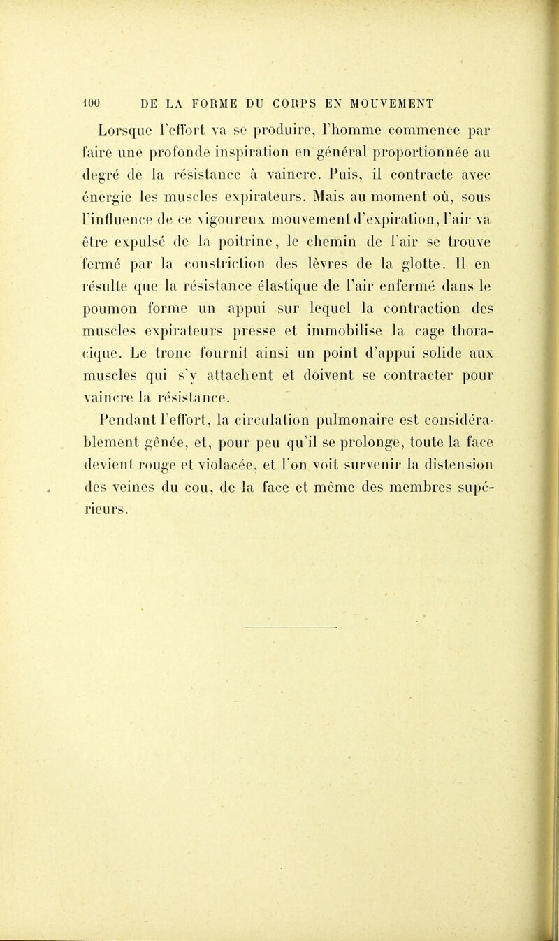 Lorsque l'effort va se produire, F homme commence par faire une profonde inspiration en général proportionnée au degré de la résistance à vaincre. Puis, il contracte avec- énergie les muscles expirateurs. Mais au moment où, sous L'influence de ce vigoureux mouvement d'expiration, l'air va être expulsé de la poitrine, le chemin de l'air se trouve fermé par la constriction des lèvres de la glotte. 11 en résulte que la résistance élastique de l'air enfermé dans le poumon forme un appui sur lequel la contraction des muscles expirateurs presse et immobilise la cage thora- cique. Le tronc fournit ainsi un point d'appui solide aux muscles qui s'y attachent et doivent se contracter pour vaincre la résistance. Pendant l'effort, la circulation pulmonaire est considéra- blement gênée, et, pour peu qu'il se prolonge, toute la face devient rouge et violacée, et l'on voit survenir la distension des veines du cou, de la face et même des membres supé- rieurs.