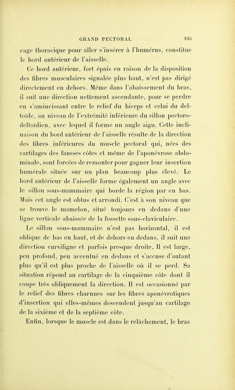 cage thoracique pour aller s'insérer à l'humérus, constitue le bord antérieur de Faisselle. Ce bord autérieur, fort épais en raison de la disposition des fibres musculaires signalée plus haut, n'est pas dirigé directement en dehors. Même dans l'abaissement du bras, il suit une direction nettement ascendante, pour se perdre en s'amincissant entre le relief du biceps et celui du del- toïde, au niveau de l'extrémité inférieure du sillon pectoro- dcltoïdien, avec lequel il forme un angle aigu. Cette incli- naison du bord antérieur de l'aisselle résulte de la direction des fibres inférieures du muscle pectoral qui, nées des cartilages des fausses côtes et même de l'aponévrose abdo- minale, sont forcées de remonter pour gagner leur insertion humérale située sur un plan beaucoup plus élevé. Le bord antérieur de l'aisselle forme également un angle avec le sillon sous-mammaire qui borde la région par en bas. Mais cet angle est obtus et arrondi. C'est à son niveau que se trouve le mamelon, situé toujours en dedans d'une ligne verticale abaissée de la fossette sous-claviculaire. Le sillon sous-mammaire n'est pas horizontal, il est oblique de bas en haut, et de dehors en dedans, il suit une direction curviligne et parfois presque droite. Il est large, peu profond, peu accentué en dedans et s'accuse d'autant plus qu'il est plus proche de l'aisselle où il se perd. Sa situation répond au cartilage de la cinquième côte dont il coupe très obliquement la direction. Il est occasionné par le relief des fibres charnues sur les fibres aponévrotiques d'insertion qui elles-mêmes descendent jusqu'au cartilage de la sixième et de la septième côte. Enfin, lorsque le muscle est dans le relâchement, le bras