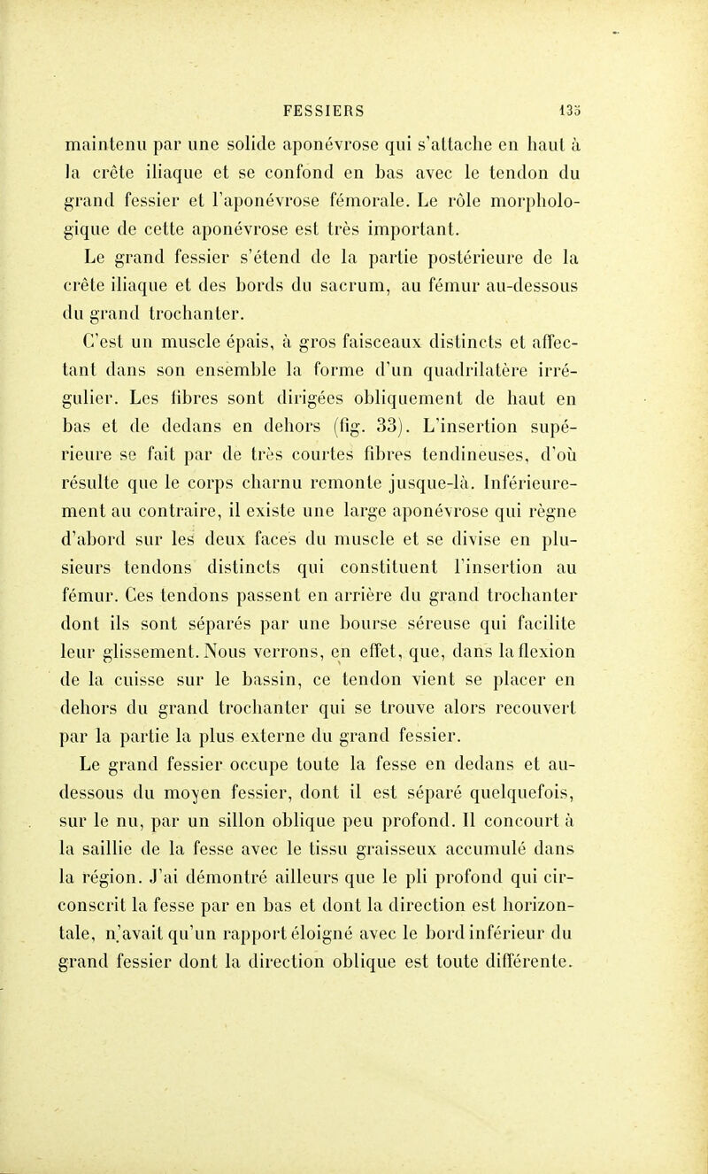 maintenu par une solide aponévrose qui s'attache en haut à la crête iliaque et se confond en bas avec le tendon du grand fessier et l'aponévrose fémorale. Le rôle morpholo- gique de cette aponévrose est très important. Le grand fessier s'étend de la partie postérieure de la crête iliaque et des bords du sacrum, au fémur au-dessous du grand trochanter. C'est un muscle épais, à gros faisceaux distincts et affec- tant dans son ensemble la forme d'un quadrilatère irré- gulier. Les libres sont dirigées obliquement de haut en bas et de dedans en dehors (fîg. 33). L'insertion supé- rieure se fait par de très courtes fibres tendineuses, d'où résulte que le corps charnu remonte jusque-là. Inférieure- ment au contraire, il existe une large aponévrose qui règne d'abord sur les deux faces du muscle et se divise en plu- sieurs tendons distincts qui constituent l'insertion au fémur. Ces tendons passent en arrière du grand trochanter dont ils sont séparés par une bourse séreuse qui facilite leur glissement. Nous verrons, en effet, que, dans la flexion de la cuisse sur le bassin, ce tendon vient se placer en dehors du grand trochanter qui se trouve alors recouvert par la partie la plus externe du grand fessier. Le grand fessier occupe toute la fesse en dedans et au- dessous du moyen fessier, dont il est séparé quelquefois, sur le nu, par un sillon oblique peu profond. Il concourt à la saillie de la fesse avec le tissu graisseux accumulé dans la région. J'ai démontré ailleurs que le pli profond qui cir- conscrit la fesse par en bas et dont la direction est horizon- tale, n'avait qu'un rapport éloigné avec le bord inférieur du grand fessier dont la direction oblique est toute différente.