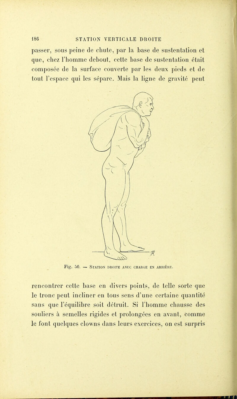 passer, sous peine de chute, par la base de sustentation et que, chez l'homme debout, cette base de sustentation était composée de la surface couverte par les deux pieds et de tout l'espace qui les sépare. Mais la ligne de gravité peut Fig. 50. — Station droite avec charge en arrière. rencontrer cette base en divers points, de telle sorte que le tronc peut incliner en tous sens d'une certaine quantité sans que l'équilibre soit détruit. Si l'homme chausse des souliers à semelles rigides et prolongées en avant, comme le font quelques clowns clans leurs exercices, on est surpris