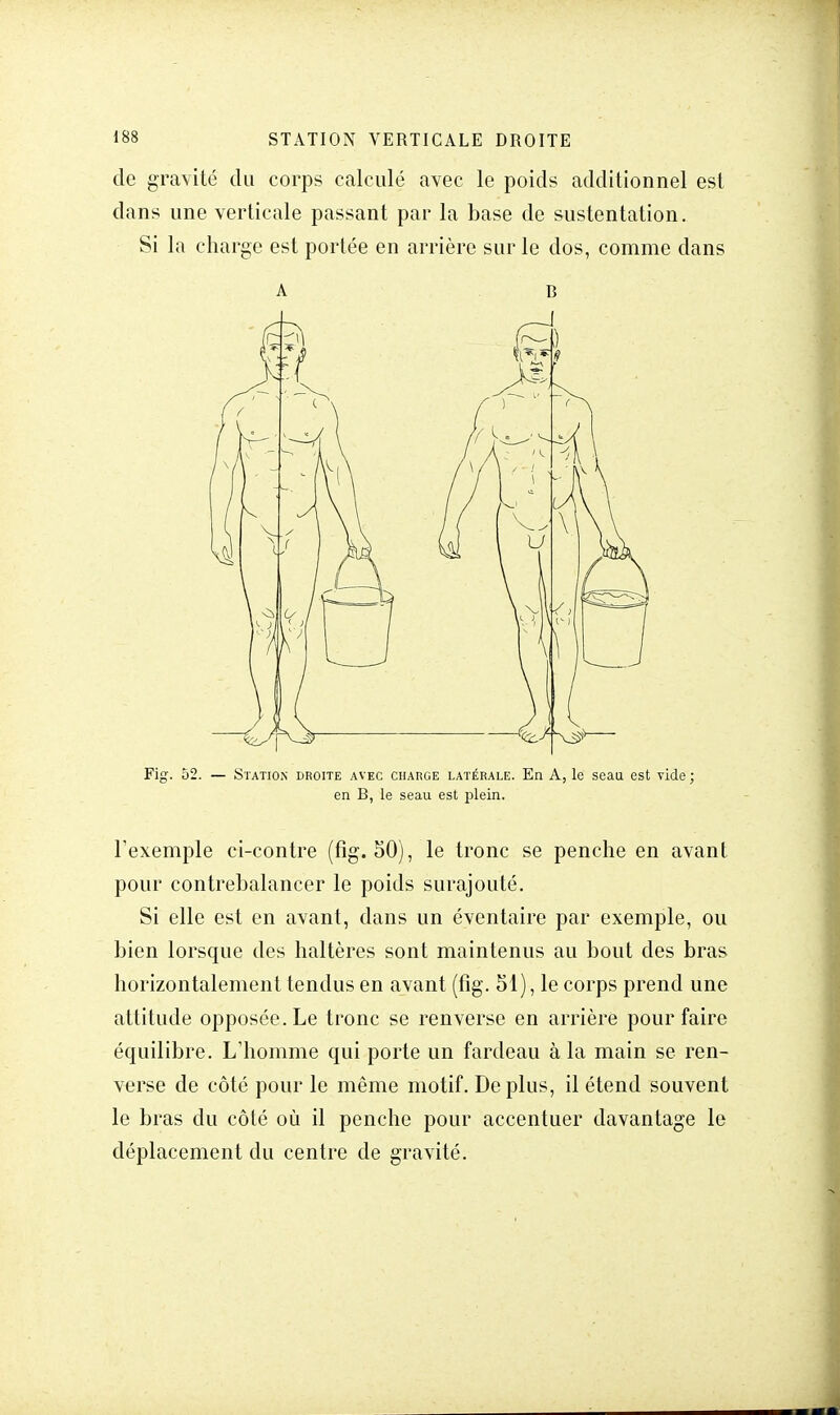 de gravité du corps calculé avec le poids additionnel est clans une verticale passant par la base de sustentation. Si la charge est portée en arrière sur le dos, comme dans en B, le seau est plein. l'exemple ci-contre (fig. 50), le tronc se penche en avant pour contrebalancer le poids surajouté. Si elle est en avant, dans un éventaire par exemple, ou bien lorsque des haltères sont maintenus au bout des bras horizontalement tendus en avant (fig. 51), le corps prend une attitude opposée. Le tronc se renverse en arrière pour faire équilibre. L'homme qui porte un fardeau à la main se ren- verse de côté pour le même motif. De plus, il étend souvent le bras du côté où il penche pour accentuer davantage le déplacement du centre de gravité.