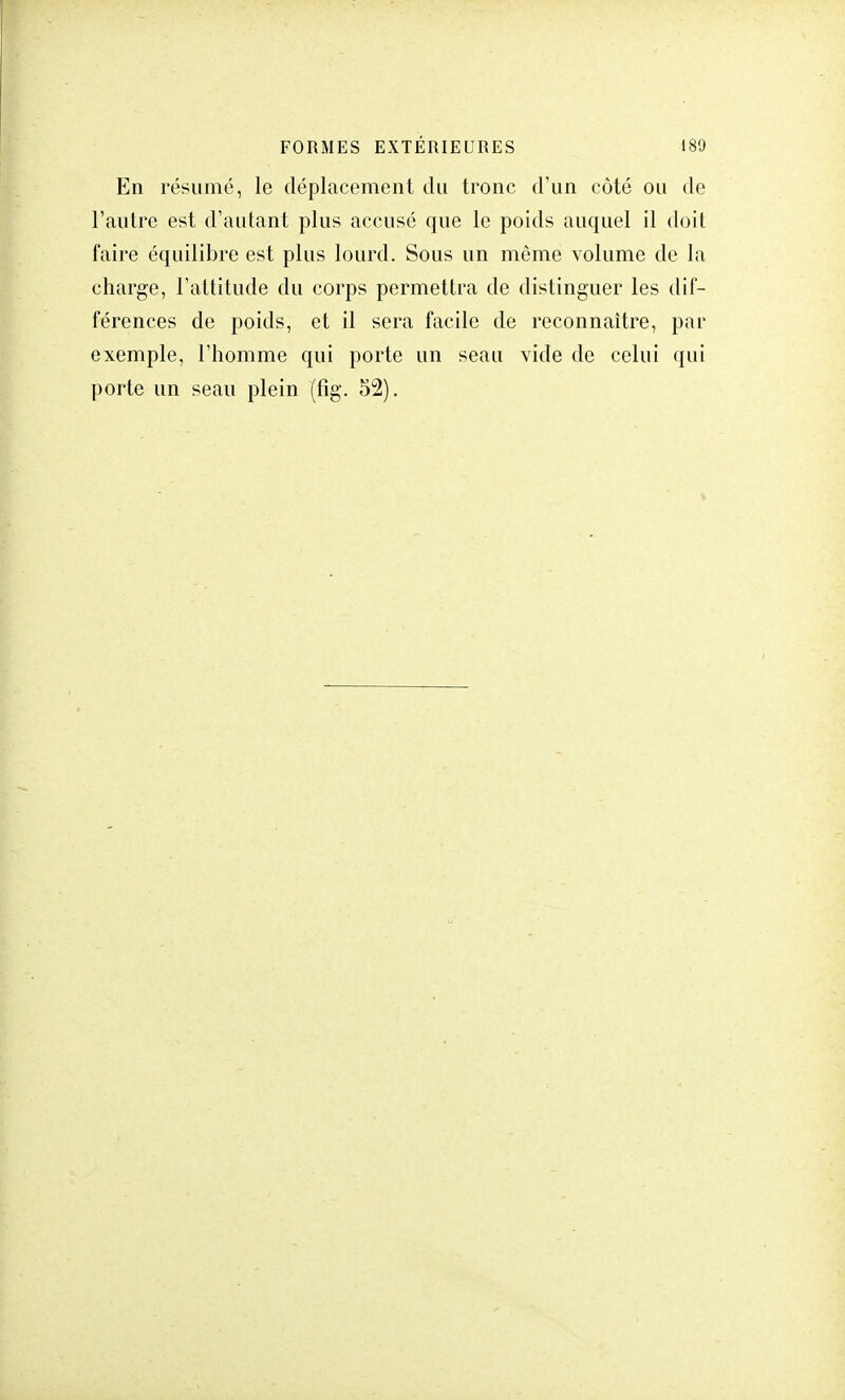 En résumé, le déplacement du tronc d'un côté ou de l'autre est d'aidant plus accusé que le poids auquel il doit faire équilibre est plus lourd. Sous un même volume de la charge, l'attitude du corps permettra de distinguer les dif- férences de poids, et il sera facile de reconnaître, par exemple, l'homme qui porte un seau vide de celui qui porte un seau plein (fig. 52).