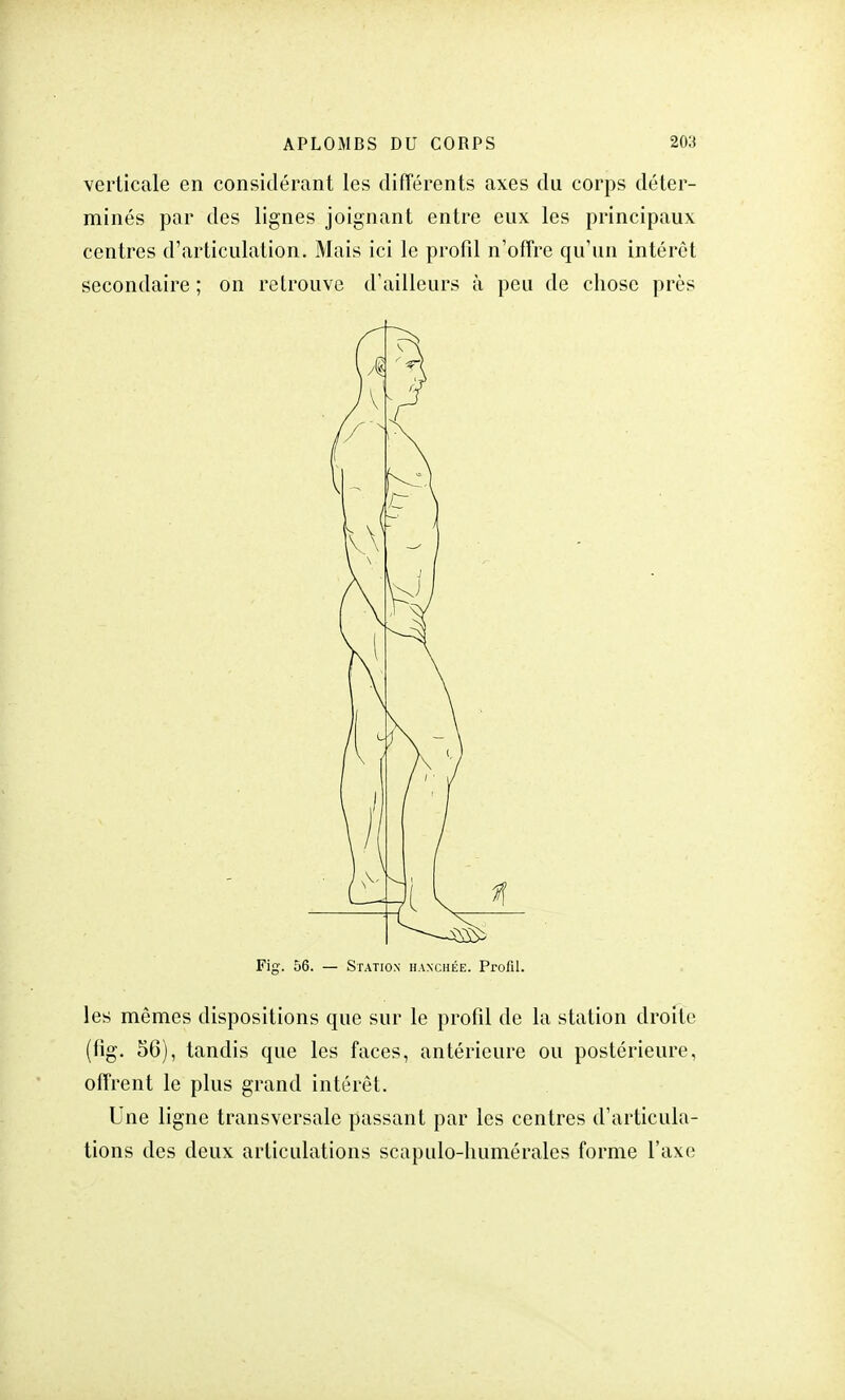 verticale en considérant les différents axes du corps déter- minés par des lignes joignant entre eux les principaux centres d'articulation. Mais ici le profil n'offre qu'un intérêt secondaire ; on retrouve d'ailleurs à peu de chose près les mêmes dispositions que sur le profil de la station droite (fig. 56), tandis que les faces, antérieure ou postérieure, offrent le plus grand intérêt. Une ligne transversale passant par les centres d'articula- tions des deux articulations scapulo-humérales forme l'axe