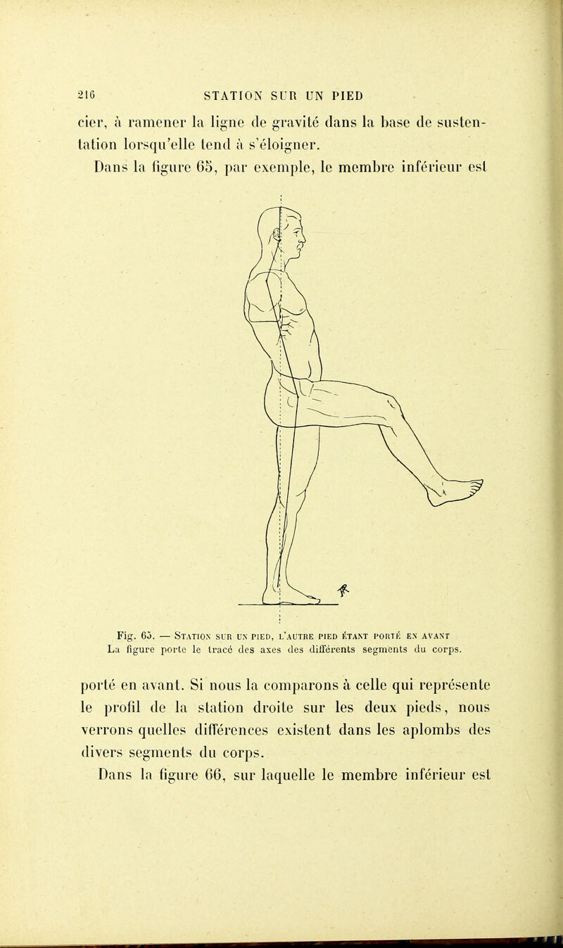 cier, à ramener la ligne de gravité dans la base de susten- tation lorsqu'elle tend à s'éloigner. Dans la figure 65, par exemple, le membre inférieur est Fig. 6j. — Station sur un pied, l'autre pied étant porté en avant La figure porte le tracé des axes des différents segments du corps. porté en avant. Si nous la comparons à celle qui représente le profil de la station droite sur les deux pieds, nous verrons quelles différences existent dans les aplombs des divers segments du corps. Dans la figure 66, sur laquelle le membre inférieur est