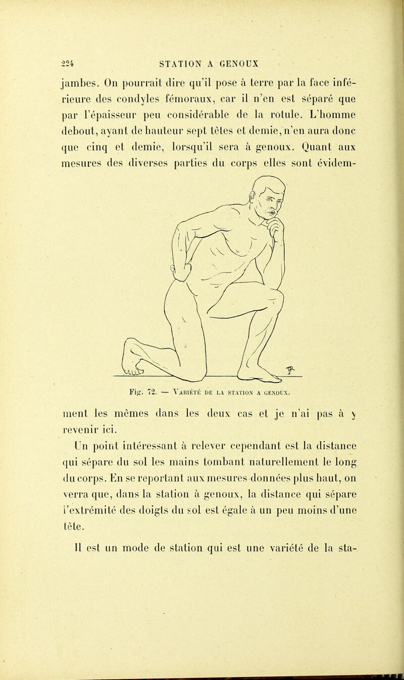 jambes. On pourrait dire qu'il pose à terre par la face infé- rieure des condyles fémoraux, car il n'en est séparé que par l'épaisseur peu considérable de la rotule. L'homme debout, ayant de hauteur sept tètes et demie, n'en aura donc que cinq et demie, lorsqu'il sera à genoux. Quant aux mesures des diverses parties du corps elles sont évidem- ment les mômes dans les deux cas et je n'ai pas à ) revenir ici. Un point intéressant à relever cependant est la distance qui sépare du sol les mains tombant naturellement le long du corps. En se reportant aux mesures données plus haut, on verra que, dans la station à genoux, la distance qui sépare l'extrémité des doigts du sol est égale à un peu moins d'une tête. Il est un mode de station qui est une variété de la sta-