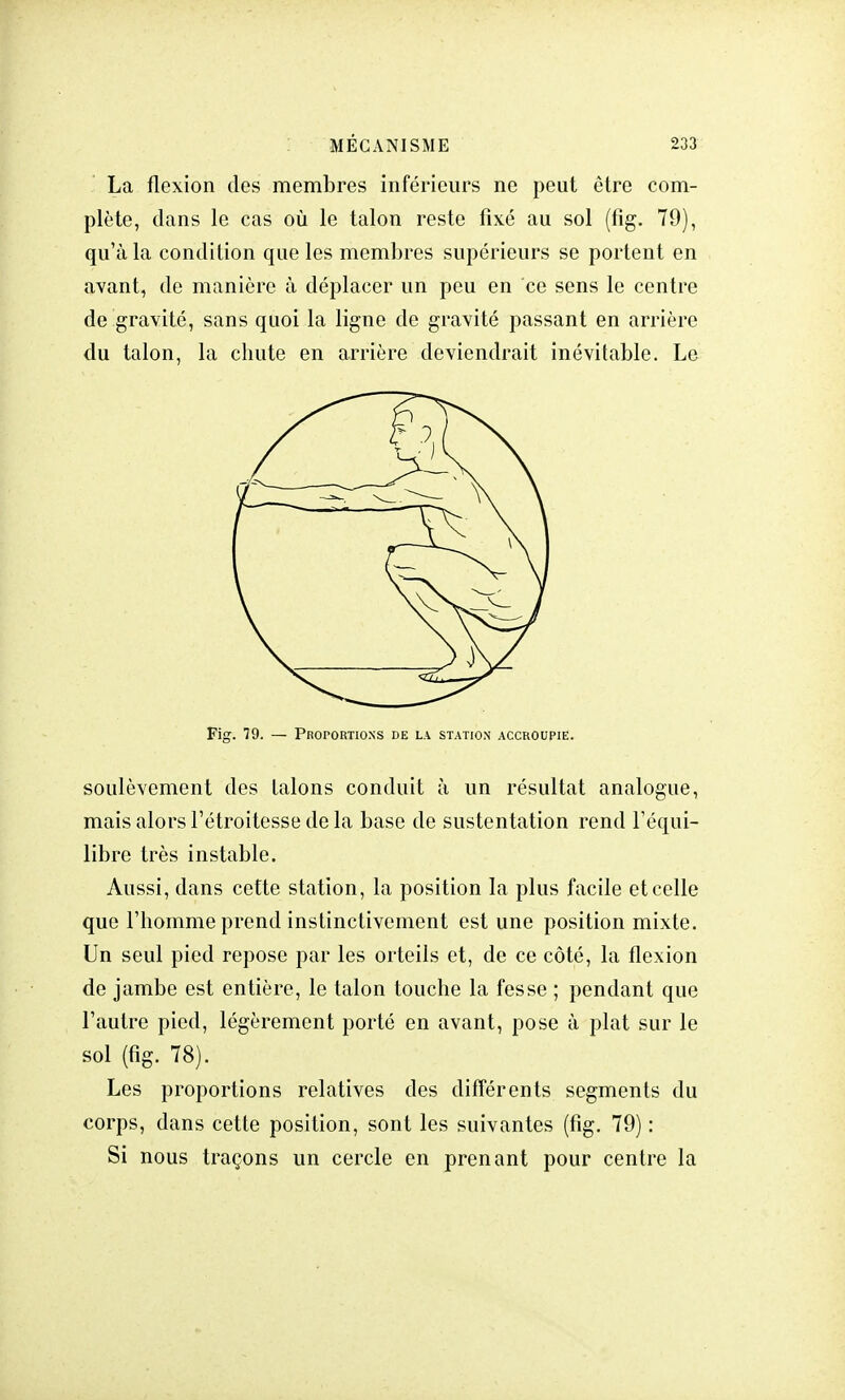 La flexion des membres inférieurs ne peut être com- plète, dans le cas où le talon reste fixé au sol (fîg. 79), qu'à la condition que les membres supérieurs se portent en avant, de manière à déplacer un peu en ce sens le centre de gravité, sans quoi la ligne de gravité passant en arrière du talon, la chute en arrière deviendrait inévitable. Le Fig. 79. — Proportions de la station accroupie. soulèvement des talons conduit à un résultat analogue, mais alors l'étroitesse de la base de sustentation rend l'équi- libre très instable. Aussi, dans cette station, la position la plus facile et celle que l'homme prend instinctivement est une position mixte. Un seul pied repose par les orteils et, de ce côté, la flexion de jambe est entière, le talon touche la fesse ; pendant que l'autre pied, légèrement porté en avant, pose à plat sur le sol (fig. 78). Les proportions relatives des différents segments du corps, dans cette position, sont les suivantes (fig. 79) : Si nous traçons un cercle en prenant pour centre la