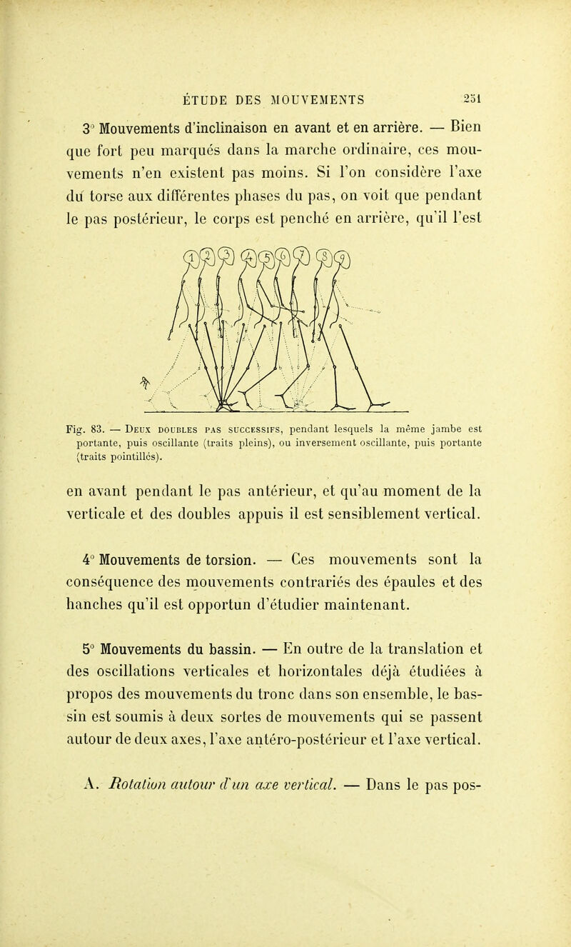 3° Mouvements d'inclinaison en avant et en arrière. — Bien que fort peu marqués dans la marche ordinaire, ces mou- vements n'en existent pas moins. Si Ton considère l'axe dit torse aux différentes phases du pas, on voit que pendant le pas postérieur, le corps est penché en arrière, qu'il l'est Fig. 83. — Deux doubles pas successifs, pendant lesquels la même jambe est portante, puis oscillante (traits pleins), ou inversement oscillante, puis portante (traits pointillés). en avant pendant le pas antérieur, et qu'au moment de la verticale et des doubles appuis il est sensiblement vertical. 4° Mouvements de torsion. — Ces mouvements sont la conséquence des mouvements contrariés des épaules et des hanches qu'il est opportun d'étudier maintenant. 5° Mouvements du bassin. — En outre de la translation et des oscillations verticales et horizontales déjà étudiées à propos des mouvements du tronc dans son ensemble, le bas- sin est soumis à deux sortes de mouvements qui se passent autour de deux axes, l'axe antéro-postérieur et l'axe vertical. A. Rotation autour d'un axe vertical. — Dans le pas pos-