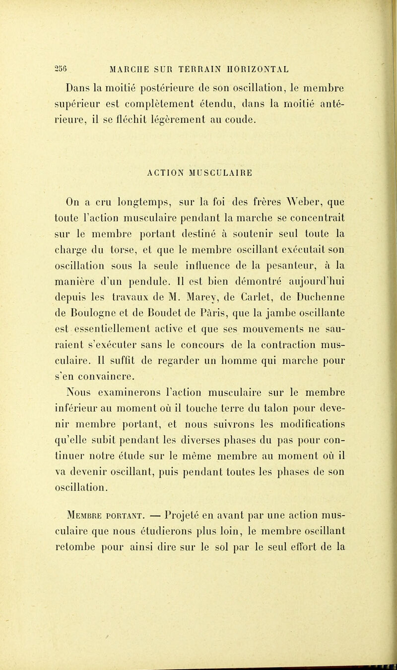 Dans la moitié postérieure de son oscillation, le membre supérieur est complètement étendu, dans la moitié anté- rieure, il se fléchit légèrement au coude. ACTION MUSCULAIRE On a cru longtemps, sur la foi des frères Weber, que toute l'action musculaire pendant la marche se concentrait sur le membre portant destiné à soutenir seul toute la charge du torse, et que le membre oscillant exécutait son oscillation sous la seule influence de la pesanteur, à la manière d'un pendule. 11 est bien démontré aujourd'hui depuis les travaux de M. Marey, de Carlet, de Duchenne de Boulogne et de Boudet de Paris, que la jambe oscillante est essentiellement active et que ses mouvements ne sau- raient s'exécuter sans le concours de la contraction mus- culaire. Il suffit de regarder un homme qui marche pour s'en convaincre. Nous examinerons l'action musculaire sur le membre inférieur au moment où il touche terre du talon pour deve- nir membre portant, et nous suivrons les modifications qu'elle subit pendant les diverses phases du pas pour con- tinuer notre étude sur le môme membre au moment où il va devenir oscillant, puis pendant toutes les phases de son oscillation. Membre portant. — Projeté en avant par une action mus- culaire que nous étudierons plus loin, le membre oscillant retombe pour ainsi dire sur le sol par le seul effort de la