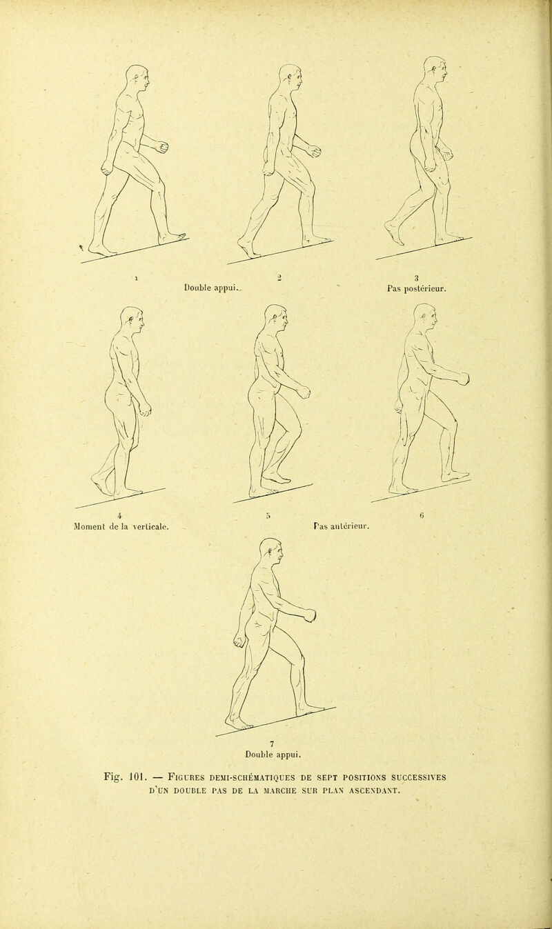 7 Double appui. Fig. J01. — FlGL'RES DEMI-SCHÉMATIQUES DE SEPT POSITIONS SUCCESSIVES D'UN DOUBLE PAS DE LA MARCHE SUR PLAN ASCENDANT.