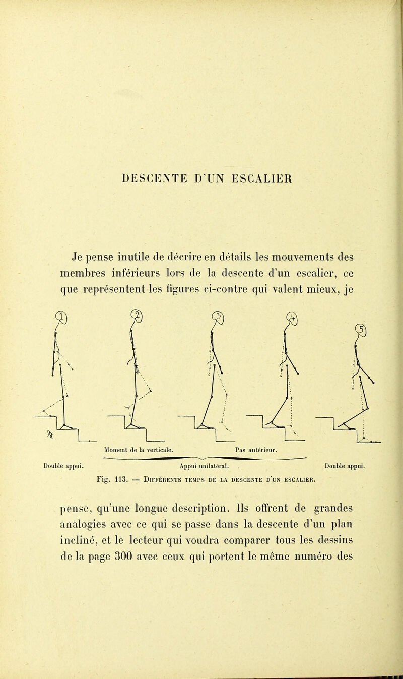 Je pense inutile de décrire en détails les mouvements des membres inférieurs lors de la descente d'un escalier, ce que représentent les figures ci-contre qui valent mieux, je Moment de la verticale. Pas antérieur. Double appui. Appui unilatéral. . Double appui Fig. 113. — Différents temps de la descente d'un escalier. pense, qu'une longue description. Ils offrent de grandes analogies avec ce qui se passe dans la descente d'un plan incliné, et le lecteur qui voudra comparer tous les dessins de la page 300 avec ceux qui portent le même numéro des