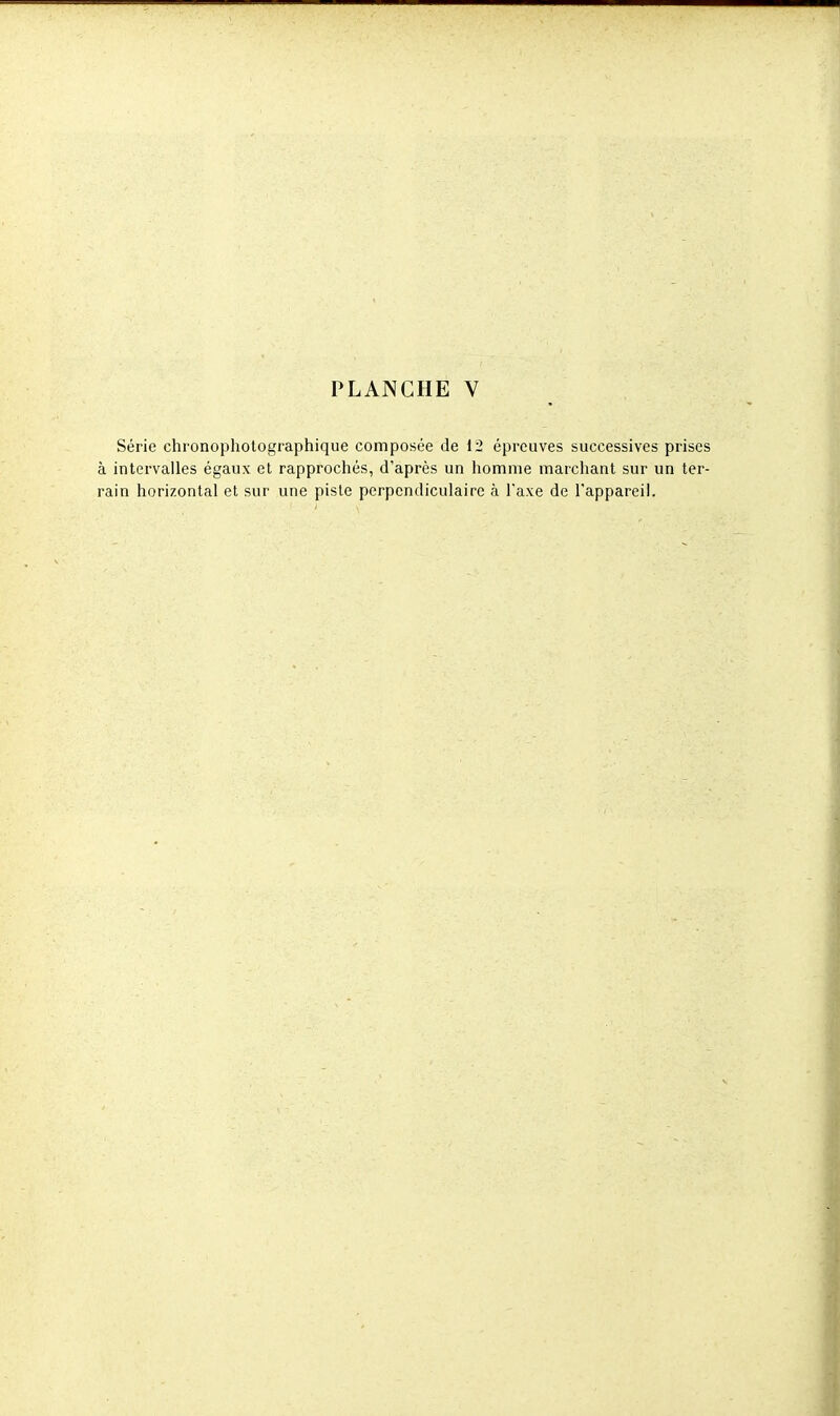 Série chronophotographique composée de i2 épreuves successives prises à intervalles égaux et rapprochés, d'après un homme marchant sur un ter- rain horizontal et sur une piste perpendiculaire à l'axe de l'appareil.