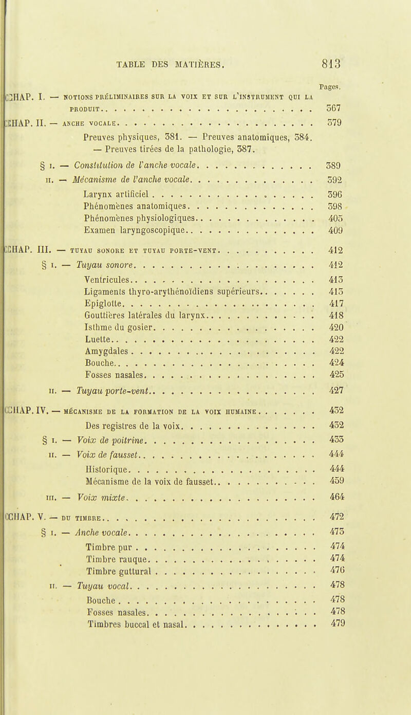 rages. CjHAP. I. — NOTIONS PRÉLIMINAIRES SUR LA VOIX ET SUR l'iNSTRDMENT QDI LA PRODUIT 567 IHAP. II. — ANCHE VOCALE 579 Preuves physiques, 581. — Preuves anatomiques, 384. — Preuves tirées de la patliologie, 387. § I. — ConsHtution de Vanche vocale 389 11. — Mécanisme de l'anche vocale 592 Larynx artificiel 396 Phénomènes anatomiques 398 Phénomènes physiologiques 405 Examen laryngoscopique 409 XHAP. ni. — TUYAU SONORE ET TUYAU PORTE-VENT 412 § I. — Tuyau sonore 412 Ventricules 413 Ligaments thyro-arythénoïdiens supérieurs 415 Epiglolte 417 Gouttières latérales du laryn.\ 418 Isthme du gosier 420 Luette 422 Amygdales 422 Bouche 424 Fosses nasales 425 II. — Tuyau porte-vent 427 CGUAP. IV. — MÉCANISME DE LA FORMATION DE LA YOIX HUMAINE 452 Des registres de la voix 452 § I. — Voix de poitrine 433 II. — Voix de fausset 444 Historique 444 Mécanisme de la voix de fausset 459 III. — Voix mixte 464 CCIJAP. V. — DU TIMBRE 472 § I. — Anche vocale 473 Timbre pur 474 Timbre rauque 474 Timbre guttural 476 II. — Tuyau vocal 478 Bouche 478 Fosses nasales 478 Timbres buccal et nasal 479