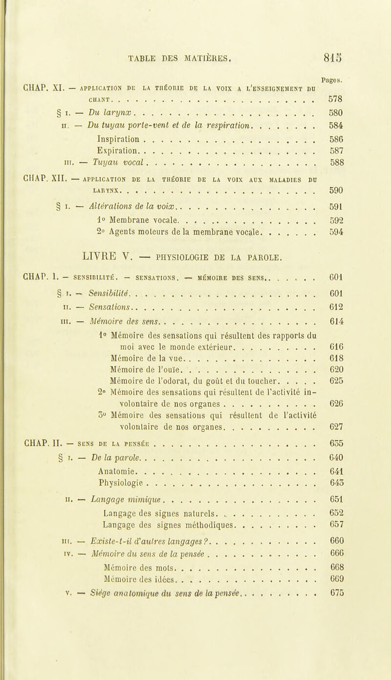 Pages. CHAP. XI. — APPLICATION DE LA TIIÉOKIE DE LA VOIX A l'eNSEIGNEMENT DD CUANT 578 % i. — Du larynx 580 II. — Dm tuyau porte-vent et de la respiration 584 Inspiration 586 Expiration 587 III. — Tuyau vocal 588 CHAP. XII. — APPLICATION DE LA THÉORIE DE LA VOIX AUX MALADIES DU LARYNX 590 § I. — Altérations de la voix 591 1 Membrane vocale 592 2° Agents moteurs delà membrane vocale 594 LIVRE V. — PHYSIOLOGIE DE LA PAROLE. CHAP. 1. — SENSIBILITÉ. — SENSATIONS. — MÉMOIRE DES SENS.. . , , . . 601 § I. - Sensibilité 601 II. — Sensations 612 III. — Mémoire des sens 614 1» Mémoire des sensations qui résultent des rapports du moi avec le monde extérieur 616 Mémoire de la vue 618 Mémoire de l'ouïe 620 Mémoire de l'odorat, du goût et du toucher 625 2» Mémoire des sensations qui résultent de l'activité in- volontaire de nos organes 626 5 Mémoire des sensations qui résultent de l'activité volontaire de nos organes 627 CHAP. II. — SENS DE LA PENSÉE 655 § I. — Ce la parole 640 Anatomie 641 Physiologie 645 II. — Langage mimique 651 Langage des signes naturels. 652 Langage des signes méthodiques 657 III. — Existe-t-il d'autres langages? 660 IV. — Mémoire du sens de la pensée 666 Mémoire des mots 668 Mémoire des idées 669 v. — Siège anatomique du sens de la pensée 675