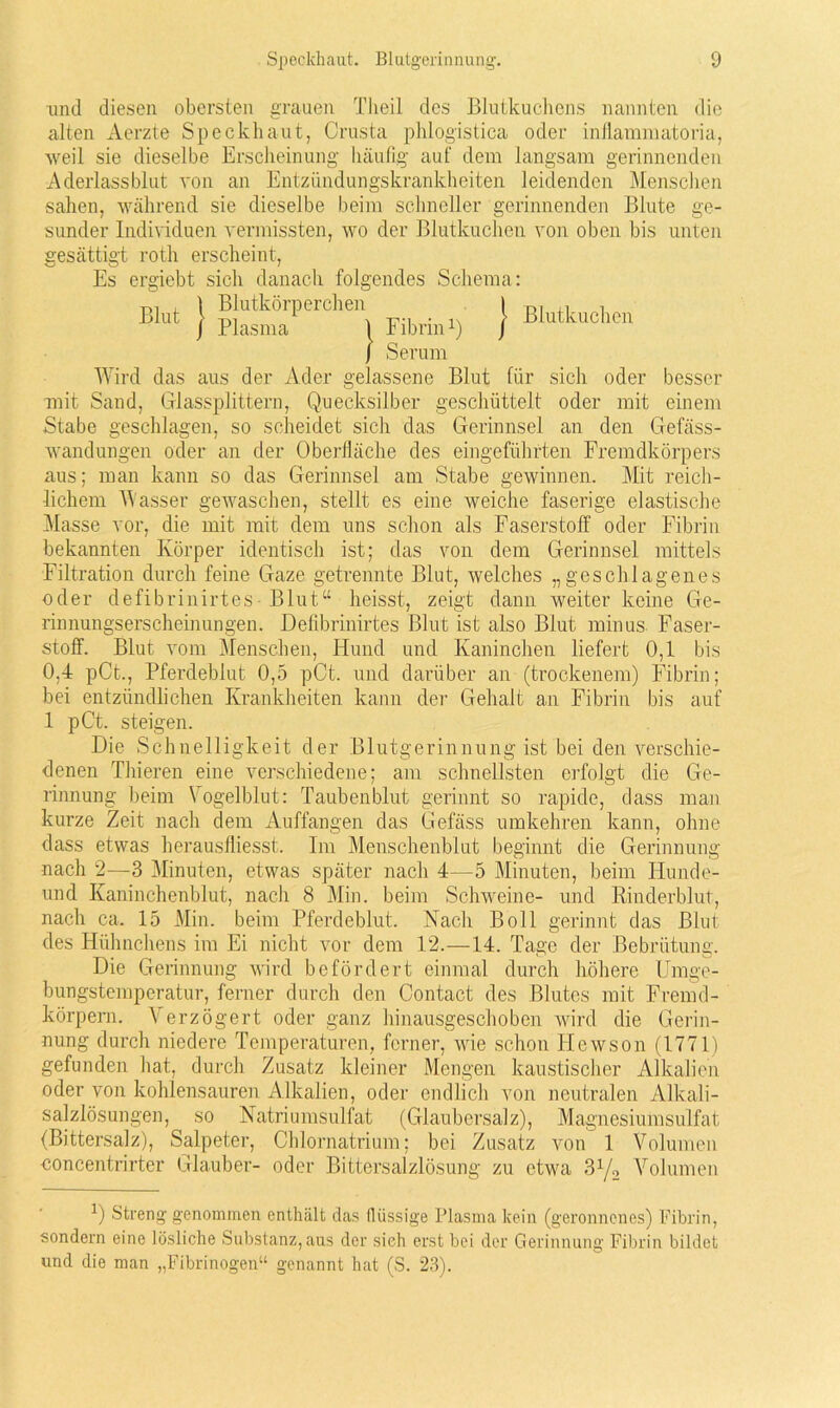 Blut Blutkuchen und diesen obersten grauen Tlieil des Blutkuchens nannten die alten Aerzte Speckhaut, Crusta phlogistica oder inflammatoria, weil sie dieselbe Erscheinung häufig auf dem langsam gerinnenden Aderlassblut von an Entzündungskrankheiten leidenden Menschen sahen, während sie dieselbe beim schneller gerinnenden Blute ge- sunder Individuen vermissten, wo der Blutkuchen von oben bis unten gesättigt roth erscheint, Es ergiebt sich danach folgendes Schema: Blutkörperchen Plasma 1 Fibrin1) / Serum Wird das aus der Ader gelassene Blut für sich oder besser mit Sand, Glassplittern, Quecksilber geschüttelt oder mit einem Stabe geschlagen, so scheidet sich das Gerinnsel an den Gefäss- wandungen oder an der Oberfläche des eingeführten Fremdkörpers aus; man kann so das Gerinnsel am Stabe gewinnen. Mit reich- lichem Wasser gewaschen, stellt es eine weiche faserige elastische Masse vor, die mit mit dem uns schon als Faserstoff oder Fibrin bekannten Körper identisch ist; das von dem Gerinnsel mittels Filtration durch feine Gaze getrennte Blut, welches „geschlagenes oder defibrinirtes- Blut“ heisst, zeigt dann weiter keine Ge- rinnungserscheinungen. Defibrinirtes Blut ist also Blut minus Faser- stoff. Blut vom Menschen, Hund und Kaninchen liefert 0,1 bis 0,4 pCt., Pferdeblut 0,5 pCt. und darüber an (trockenem) Fibrin; bei entzündlichen Krankheiten kann der Gehalt an Fibrin bis auf 1 pCt. steigen. Die Schnelligkeit der Blutgerinnung ist bei den verschie- denen Thieren eine verschiedene; am schnellsten erfolgt die Ge- rinnung heim Vogelblut: Taubenblut gerinnt so rapide, dass man kurze Zeit nach dem Auffangen das Gefäss umkehren kann, ohne dass etwas herausfliesst. Im Menschenblut beginnt die Gerinnung nach 2—3 Minuten, etwas später nach 4—5 Minuten, beim Hunde- und Kaninchenblut, nach 8 Min. beim Schweine- und Rinderblut, nach ca. 15 Min. beim Pferdeblut. Nach Boll gerinnt das Blut des Hühnchens im Ei nicht vor dem 12.—14. Tage der Bebrütung. Die Gerinnung wird befördert einmal durch höhere Umge- bungstemperatur, ferner durch den Contact des Blutes mit Fremd- körpern. Verzögert oder ganz hinausgeschoben wird die Gerin- nung durch niedere Temperaturen, ferner, wie schon Iiewson (1771) gefunden hat, durch Zusatz kleiner Mengen kaustischer Alkalien oder von kohlensauren Alkalien, oder endlich von neutralen Alkali- salzlösungen, so Natriumsulfat (Glaubersalz), Magnesiumsulfat (Bittersalz), Salpeter, Chlornatrium; bei Zusatz von 1 Volumen concentrirter Glauber- oder Bittersalzlösung zu etwa 31/, Volumen Q Streng genommen enthält das flüssige Plasma kein (geronnenes) Fibrin, sondern eine lösliche Substanz, aus der sieh erst bei der Gerinnung Fibrin bildet und die man „Fibrinogen“ genannt hat (S. 23).