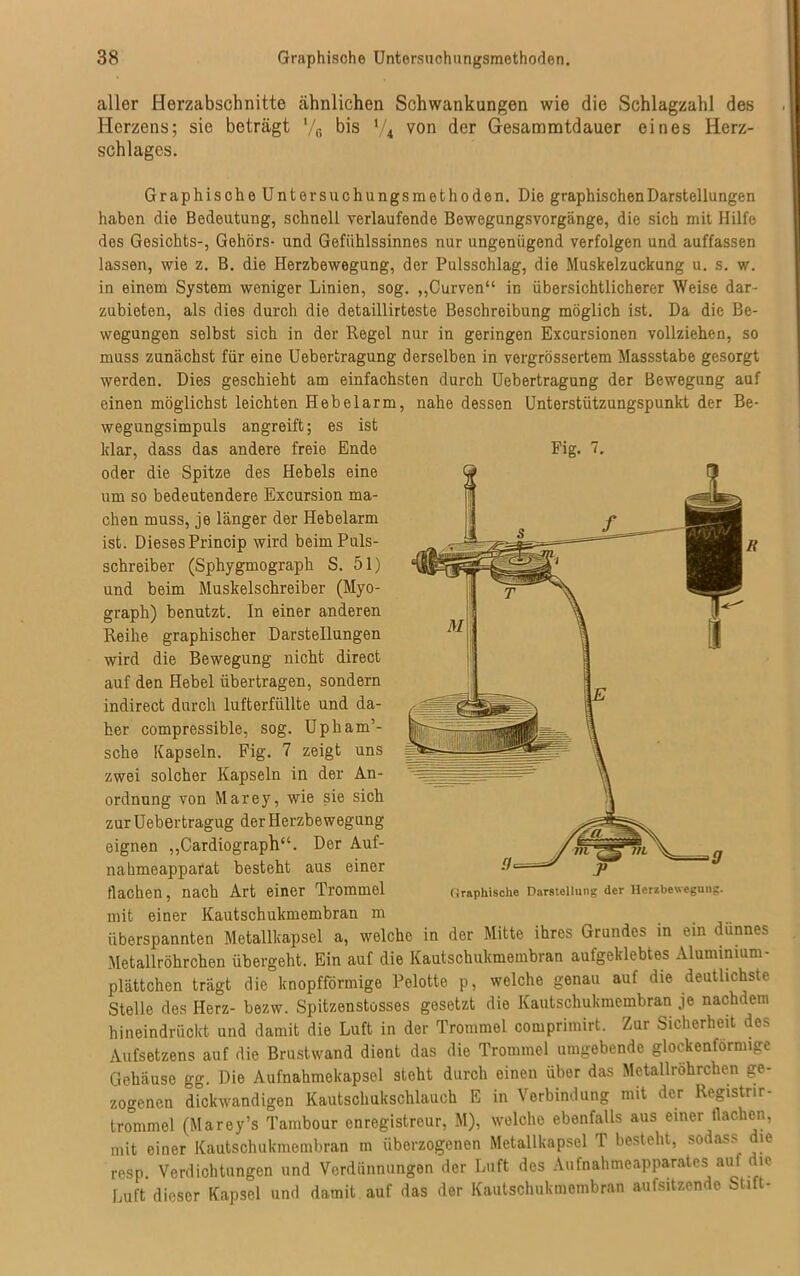 aller Herzabschnitte ähnlichen Schwankungen wie die Schlagzahl des Herzens; sie beträgt */6 bis ‘/4 von der Gesammtdauer eines Herz- schlages. Graphische Untersuchungsmethoden. Die graphischen Darstellungen haben die Bedeutung, schnell verlaufende Bewegungsvorgänge, die sich mit Hilfe des Gesichts-, Gehörs- und Gefühlssinnes nur ungenügend verfolgen und auffassen lassen, wie z. B. die Herzbewegung, der Pulsschlag, die Muskelzuckung u. s. w. in einem System weniger Linien, sog. ,,Curven“ in übersichtlicherer Weise dar- zubieten, als dies durch die detaillirteste Beschreibung möglich ist. Da die Be- wegungen selbst sich in der Regel nur in geringen Excursionen vollziehen, so muss zunächst für eine Uebertragung derselben in vergrössertem Massstabe gesorgt werden. Dies geschieht am einfachsten durch Uebertragung der Bewegung auf einen möglichst leichten Hebelarm, nahe dessen Unterstützungspunkt der Be- wegungsimpuls angreift; es ist klar, dass das andere freie Ende oder die Spitze des Hebels eine um so bedeutendere Excursion ma- chen muss, je länger der Hebelarm ist. Dieses Princip wird beim Puls- schreiber (Sphygmograph S. 51) und beim Muskelschreiber (Myo- graph) benutzt. In einer anderen Reihe graphischer Darstellungen wird die Bewegung nicht direct auf den Hebel übertragen, sondern indirect durch lufterfüllte und da- her compressible, sog. Upham’- sche Kapseln. Fig. 7 zeigt uns zwei solcher Kapseln in der An- ordnung von Marey, wie sie sich zurüebertragug der Herzbewegung eignen „Cardiograph“. Der Auf- nahmeapparat besteht aus einer flachen, nach Art einer Trommel mit einer Kautschukmembrau m überspannten Metallkapsel a, welche in der Mitte ihres Grundes in ein dünnes Metallröhrchen übergeht. Ein auf die Kautschukmembran aufgeklebtes Aluminium - plättchen trägt die knopfförmige Pelotte p, welche genau auf die deutlichste Stelle des Herz- bezw. Spitzenstosses gesetzt die Kautschukmembran je nachdem hineindrückt und damit die Luft in der Trommel comprimirt. Zur Sicherheit des Aufsetzens auf die Brustwand dient das die Trommel umgebende glockenförmige Gehäuse gg. Die Aufnahmekapsel stoht durch einen über das Metallröhrchen ge- zogenen dickwandigen Kautschukschlauch E in Vorbindung mit der Registnr- trommel (Marey’s Tambour enregistrcur, M), welche ebenfalls aus einer Hachen, mit einer Kautschukmembran m überzogenen Metallkapsel T besteht, sodass le resp. Verdichtungen und Verdünnungen der Luft des Aufnahmeapparates auf die Luft dieser Kapsel und damit auf das der Kautschukmembran aufsitzende Stift- Fig. 7. < Iraphisclie Darstellung der Herzbewegung.