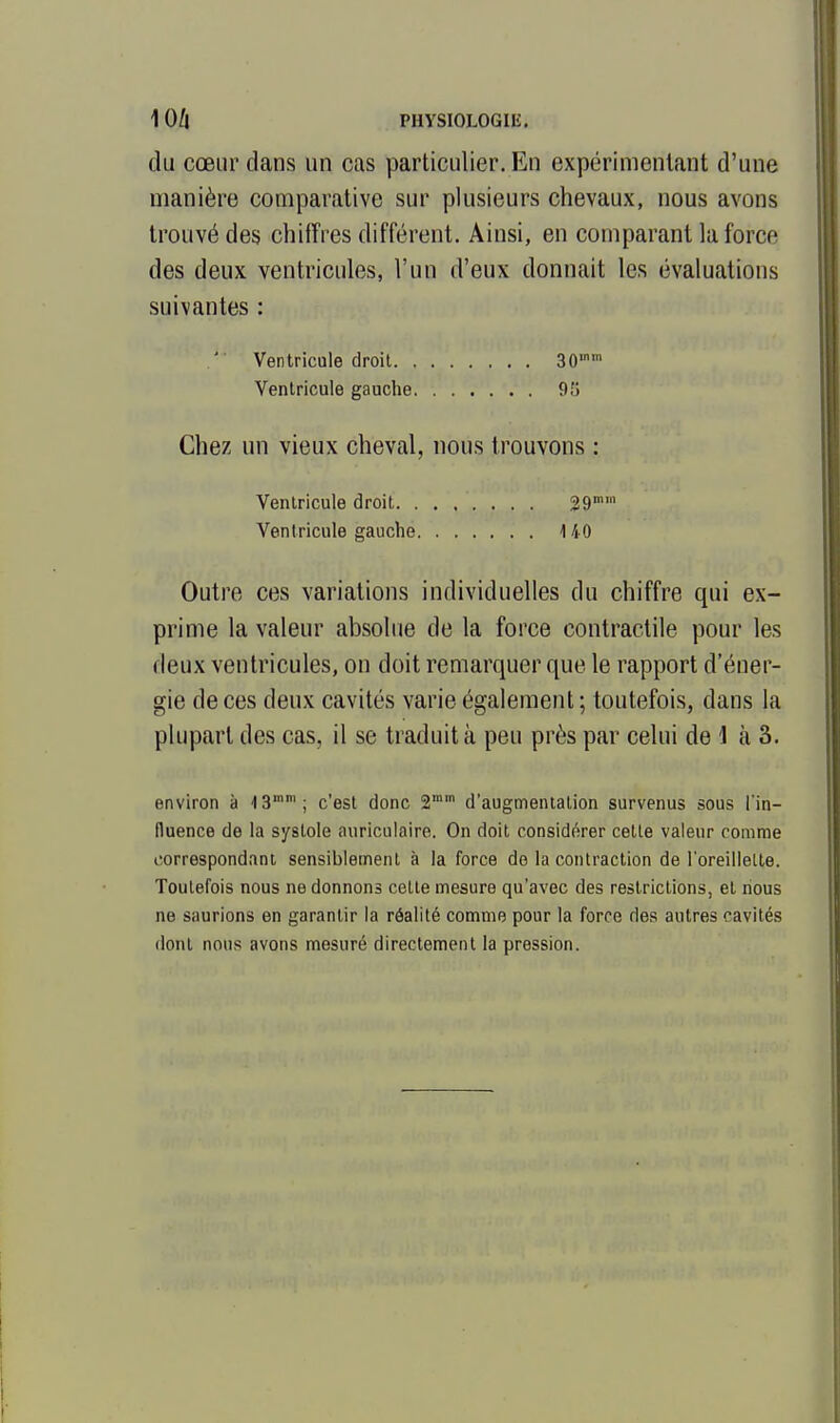 du cœur dans un cas particulier. En expérimentant d'une manière comparative sur plusieurs chevaux, nous avons trouvé des chiffres différent. Ainsi, en comparant la force des deux ventricules, l'un d'eux donnait les évaluations suivantes : ' Ventricule droit 30 Ventricule gauche 95 Chez un vieux cheval, nous trouvons : Ventricule droit 29'' Ventricule gauche 140 Outre ces variations individuelles du chiffre qui ex- prime la valeur absoltie de la force contractile pour les deux ventricules, on doit remarquer que le rapport d'éner- gie de ces deux cavités varie également ; toutefois, dans la plupart des cas, il se traduit à peu près par celui de 1 à 3. environ à 13' ; c'est donc 2 d'augmentation survenus sous l'in- fluence de la systole auriculaire. On doit considérer celte valeur comme correspondant sensiblement à la force do la contraction de l'oreillette. Toutefois nous ne donnons celle mesure qu'avec des restrictions, et nous ne saurions en garantir la réalité comme pour la force des autres cavités dont nous avons mesuré directement la pression.