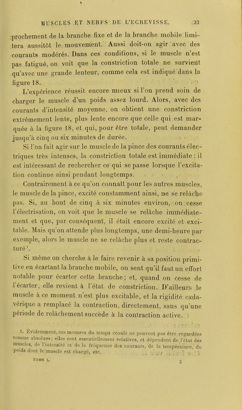 prochement de la branche fixe et de la branche mobile limi- tera aussitôt le mouvement/ Aussi doit-on agir avec des courants modérés. Dans ces conditions, si le muscle n'est pas fatigué, on voit que la constriction totale ne survient qu'avec une grande lenteur, comme cela est indiqué dans la figure 18. •!* L'expérience réussit encore mieux si l'on prend soin de chars-er le muscle d'un poids assez lourd. Alors, avec des courants d'intensité moyenne, on obtient une constriction extrêmement lente, plus lente encore que celle qui est mar- quée à la figure 18, et,qui, pour être totale, peut demander jusqu'à cinq ou six minutes de durée. Si l'on fait agir sur le muscle de la pince des courants élec- triques très intenses, la constriction totale est immédiate : il est intéressant de rechercher ce qui se passe lorsque l'excita- tion continue ainsi pendant longtemps. Contrairement à ce qu'on connaît pour les autres muscles, le muscle de la pince, excité constamment ainsi, ne se relâche pas. Si, au bout de cinq à six minutes environ, on cesse l'électrisation, on voit que le muscle se relâche immédiate- ment et que, par conséquent, il était encore excité et exci- table. Mais qu'on attende plus longtemps, une demi-heure par exemple, alors le muscle ne se relâche plus et reste contrac- turé'. Si même on cherche à le faire revenir à sa position primi- tive en écartant la branche mobile, on sent qu'il faut un effort notable pour écarter cette branche; et, quand on cesse de l'écarter, elle revient à l'état de constriction. D'ailleurs le muscle à ce moment n'est plus excitable, et la rigidité cada- vérique a remplacé la contraction, directement, sans qu'une période de relâchement succède à la contraction active. 1. Evidemment, ces mesures du temps écoule ne peuvent pas être regardées comme absolues; elles sont essentiellement relatives, et dépendent de,l'état des muscles, de l'intcnsitc et de la fréquence dos courants, de la température, du poids dont Ie;muscle est chargé, etc. . •;• . / ■ .  • •. TOME I. n
